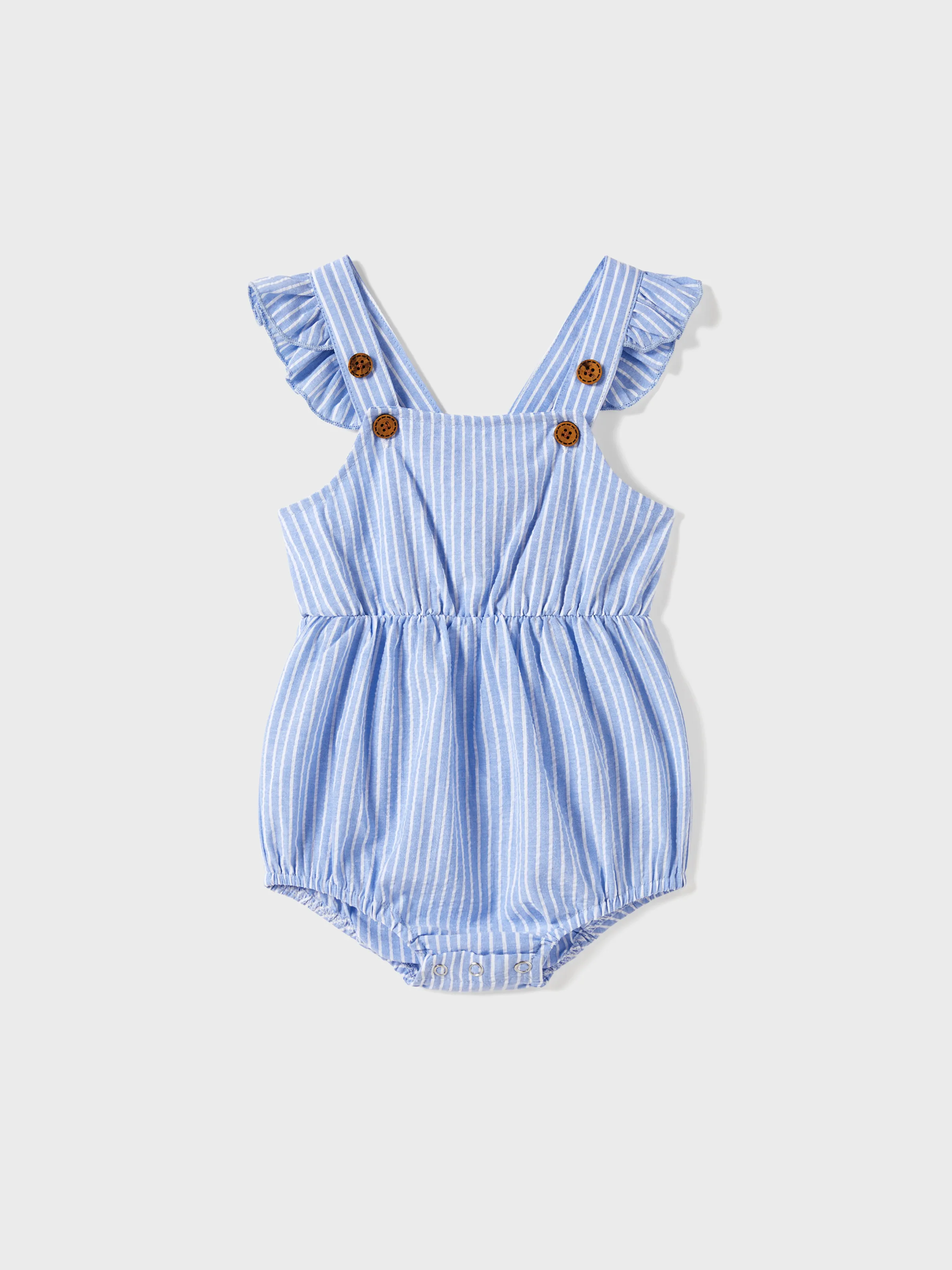 

Family Matching Blue Stripe Panel Polo Shirt and Tie Neck Shirred Waist Stripe Strap Dress Sets