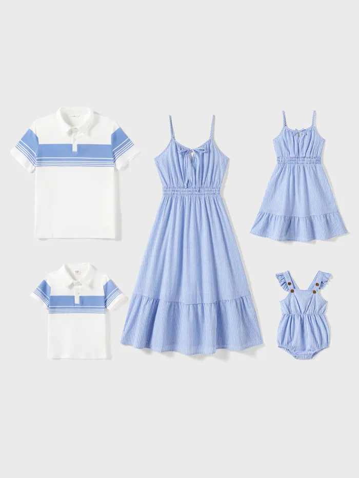 Family Matching Blue Stripe Panel Polo Shirt and Tie Neck Shirred Waist Stripe Strap Dress Sets