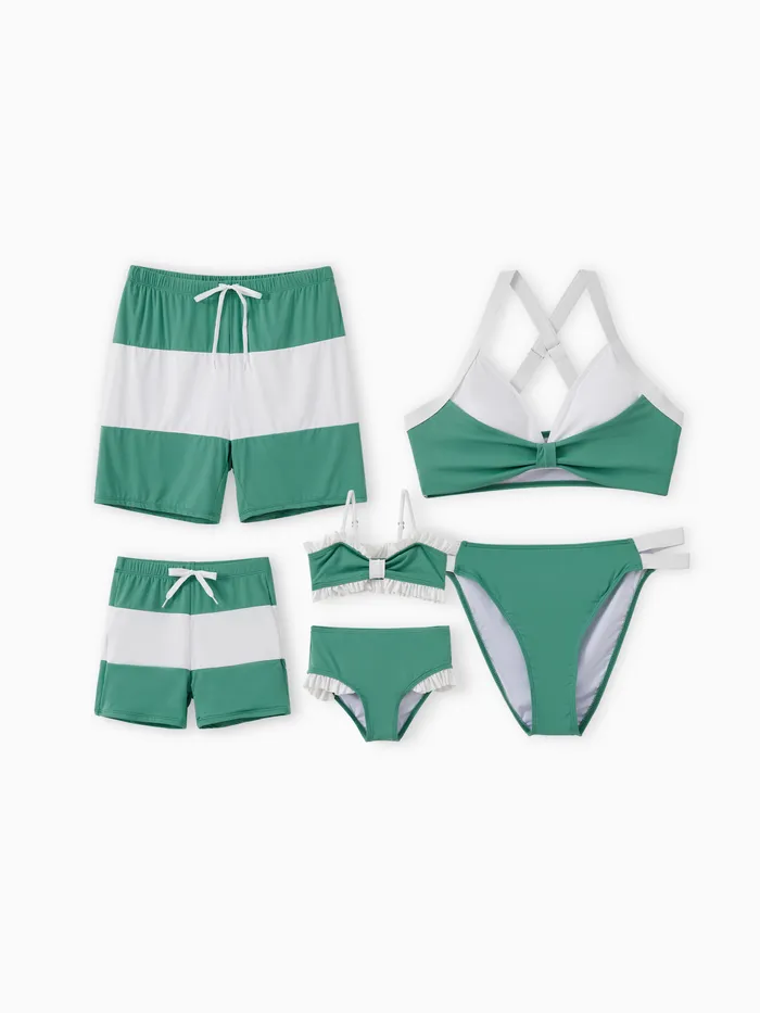 UPF50 + Famiglia Matching Verde e Bianco Color Block Coulisse Costumi Da Bagno O Bikini (Solare-Protettivo)