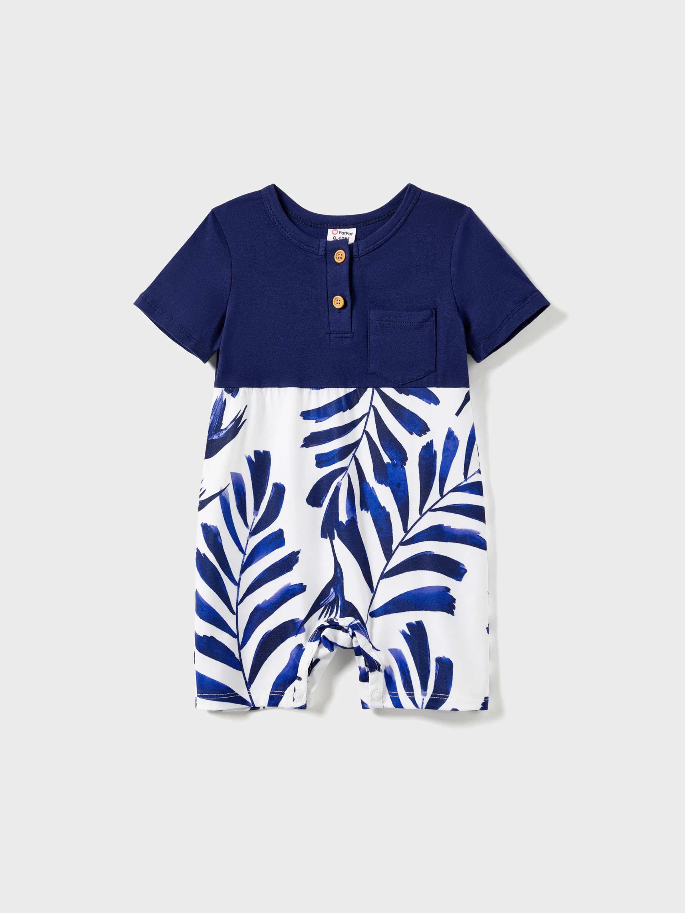 

Family Matching Modern Blue and White Botanical Leaf Design Button Strap Dress and Color Block Tee Sets