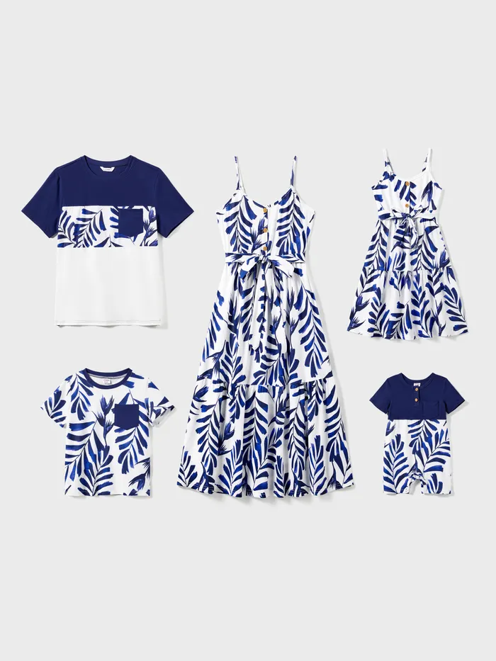 Family Matching Modern Blue and White Botanical Leaf Design Button Strap Dress and Color Block Tee Sets