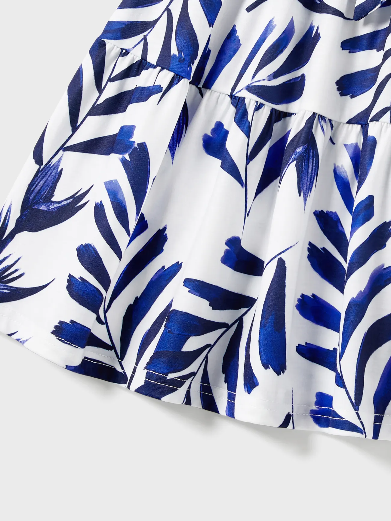 Girl - Family Matching Modern Blue and White Botanical Leaf Design Button Strap Dress and Color Block Tee Sets - royalblue - image 8