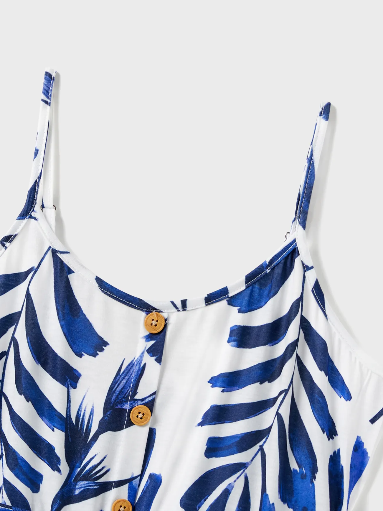 Women - Family Matching Modern Blue and White Botanical Leaf Design Button Strap Dress and Color Block Tee Sets - royalblue - image 3