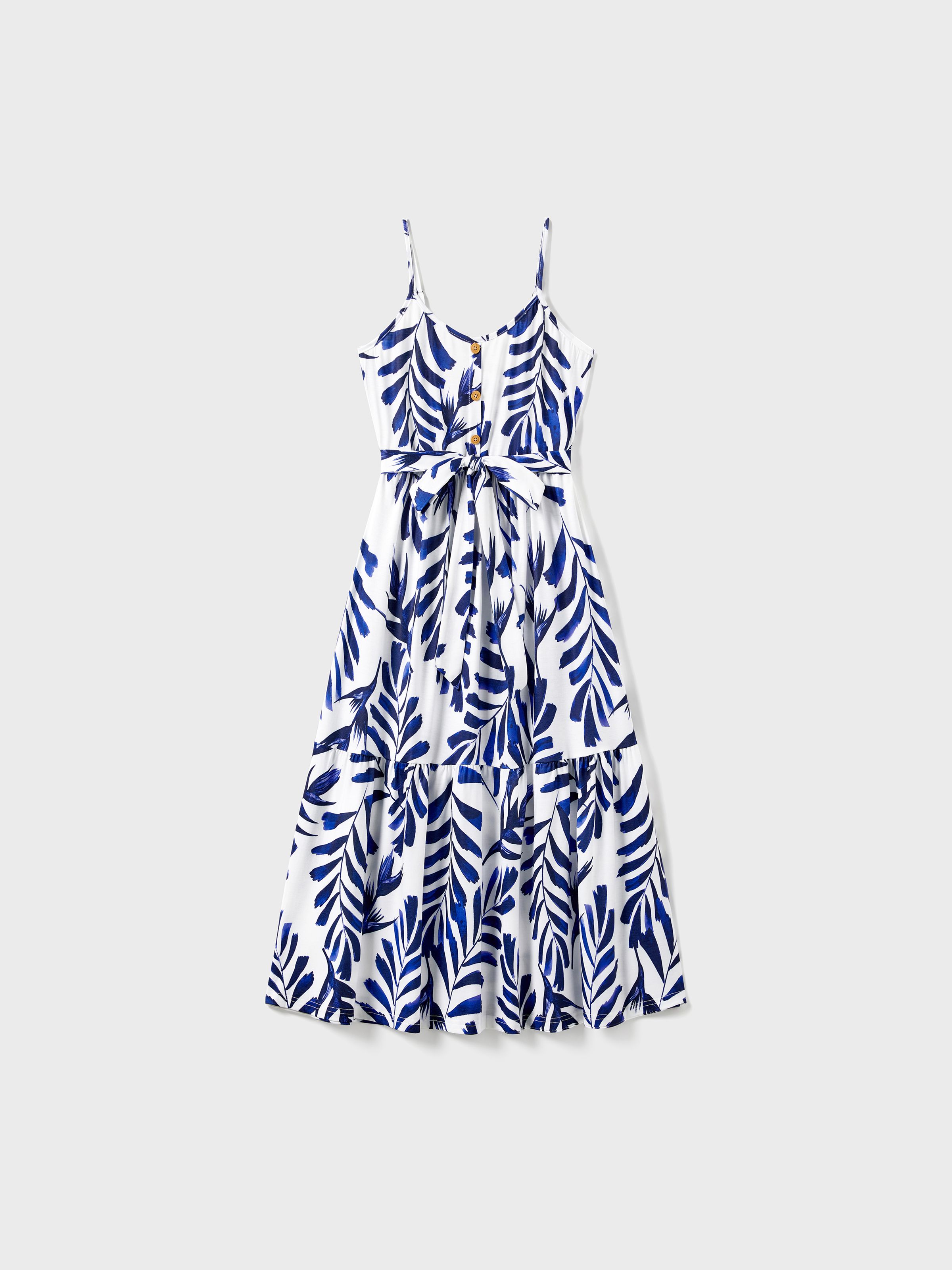 

Family Matching Modern Blue and White Botanical Leaf Design Button Strap Dress and Color Block Tee Sets