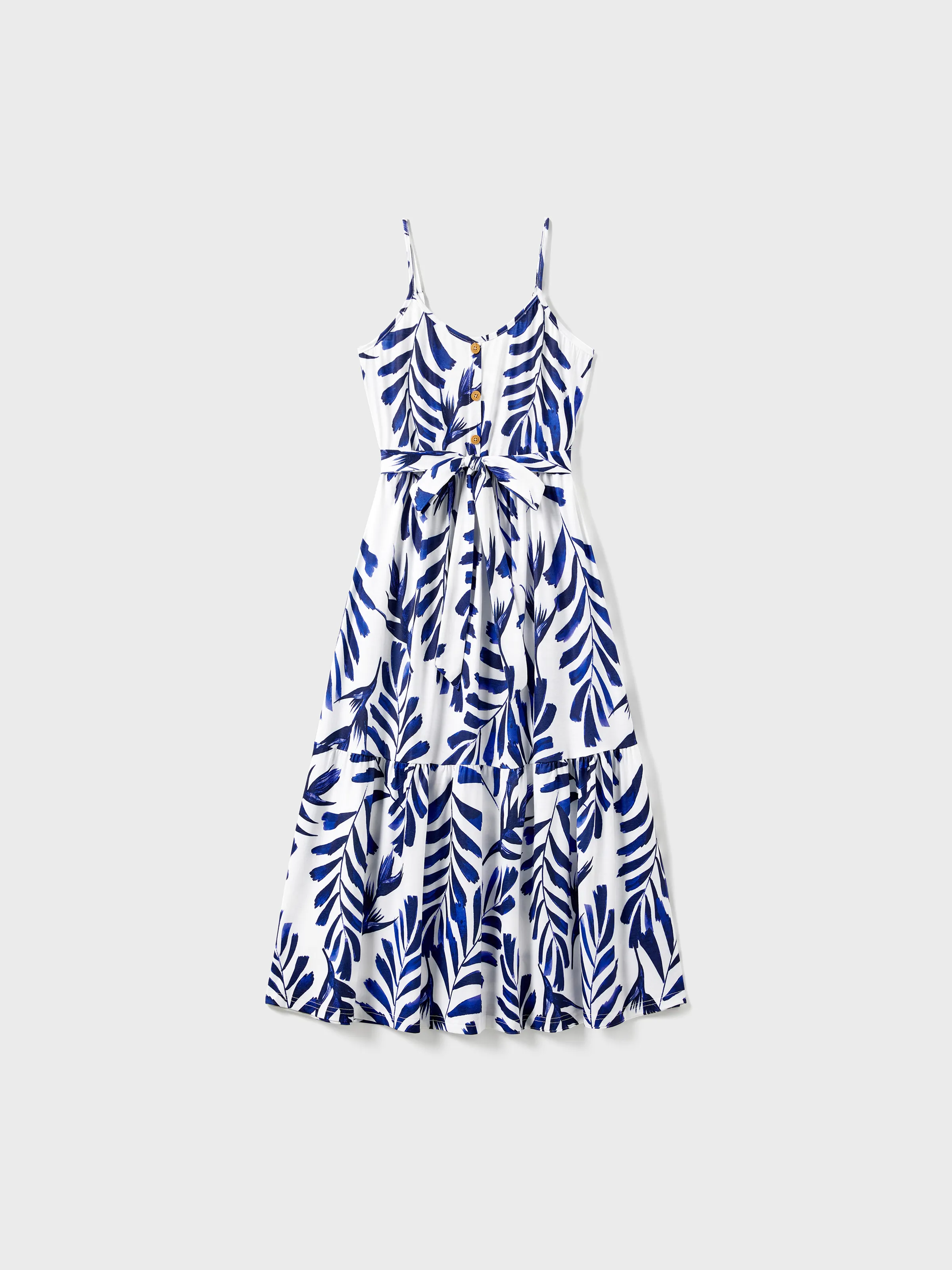 

Family Matching Modern Blue and White Botanical Leaf Design Button Strap Dress and Color Block Tee Sets