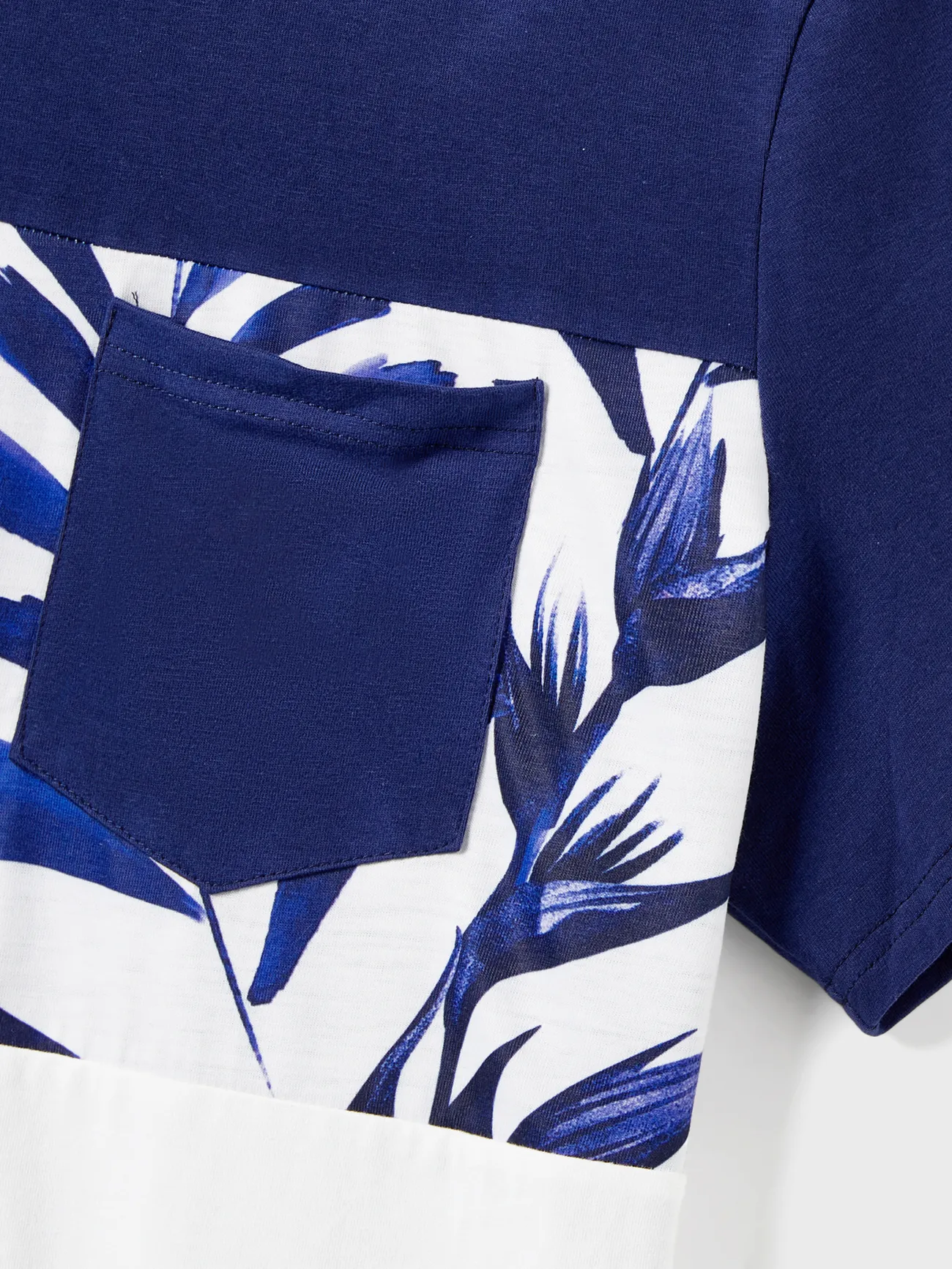 Men - Family Matching Modern Blue and White Botanical Leaf Design Button Strap Dress and Color Block Tee Sets - royalblue - image 20