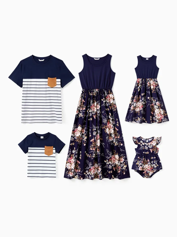 Family Matching Sleeveless Floral Print Spliced Midi Dresses and Short-sleeve Striped T-shirts Sets