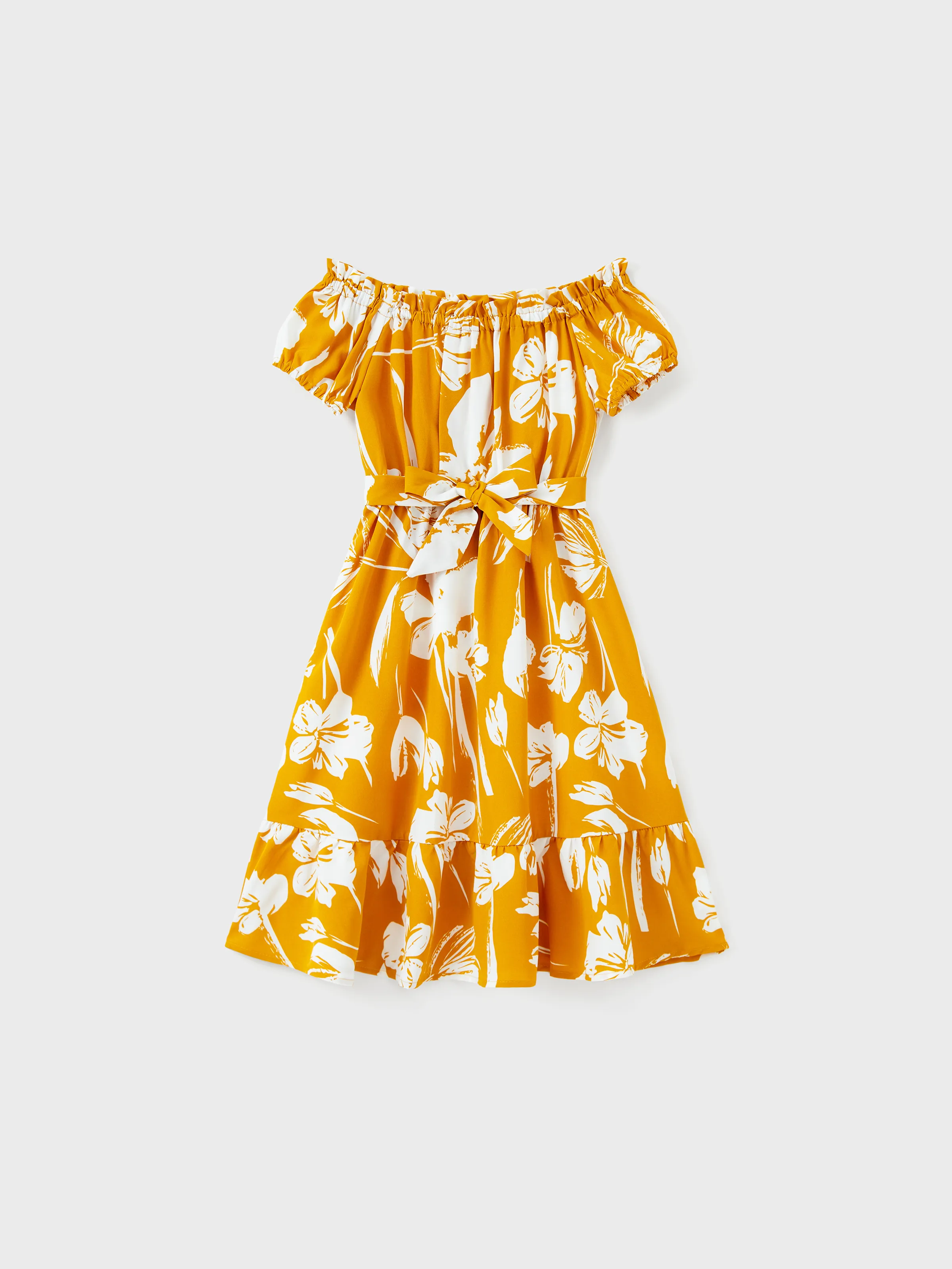 

Family Matching Cotton Short-sleeve Colorblock T-shirts and Floral Print Off Shoulder Belted Dresses Sets
