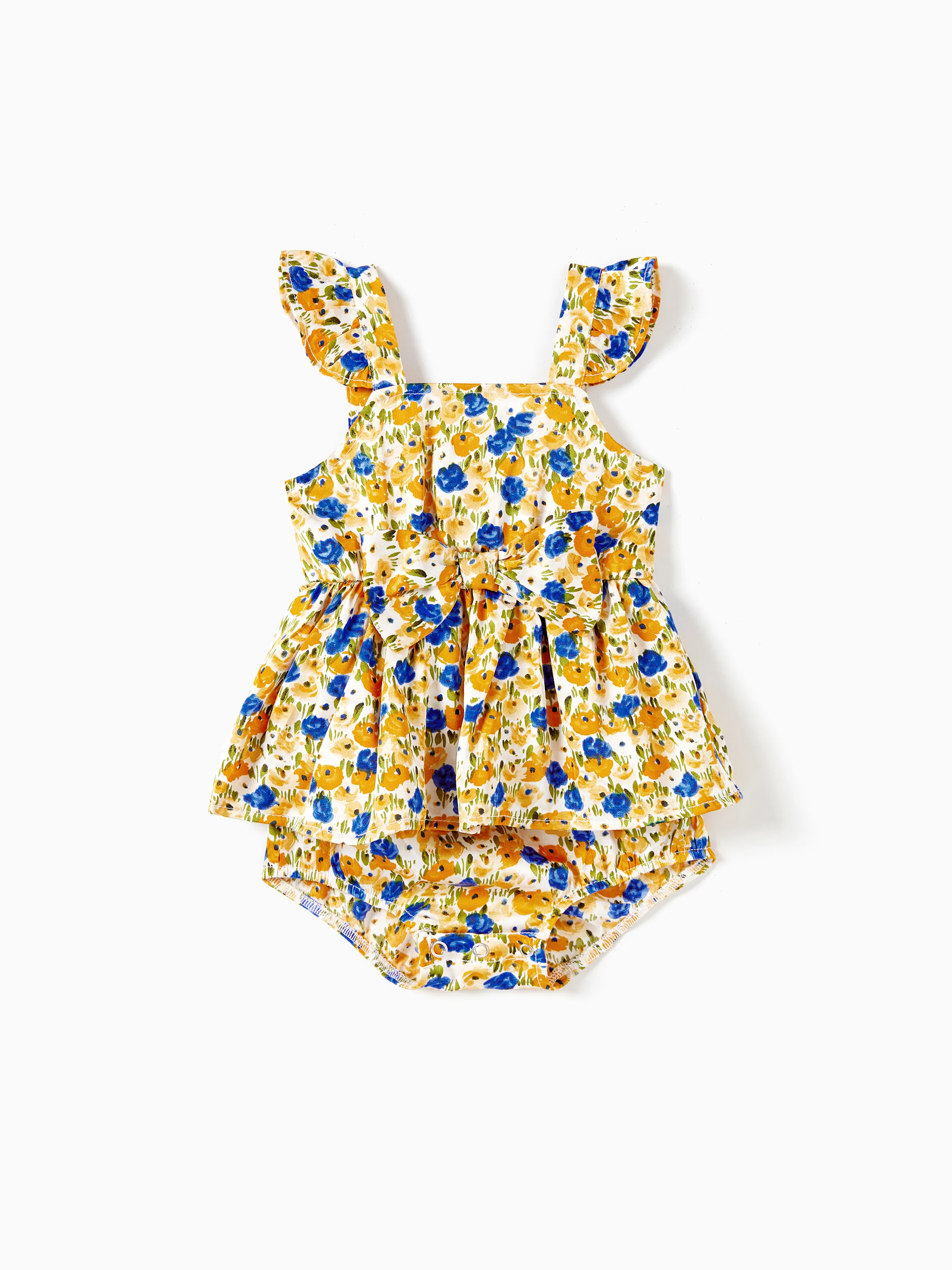 

Family Matching Color Block Sunny Tee and Yellow Ditsy Floral High Neck Halter Sateen Dress Sets