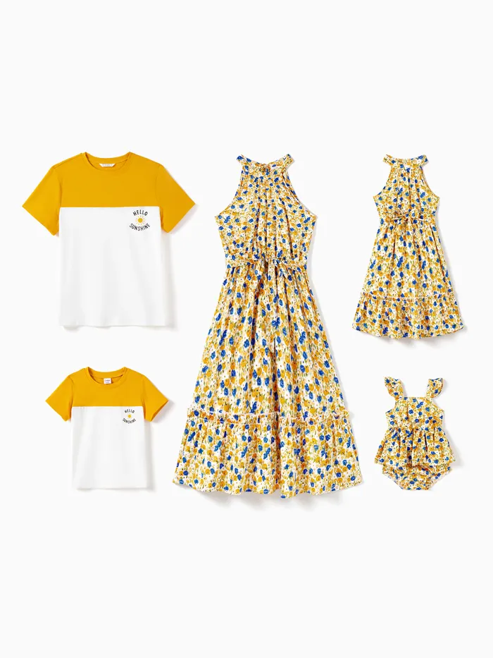 Family Matching Color Block Sunny Tee and Yellow Ditsy Floral High Neck Halter Sateen Dress Sets