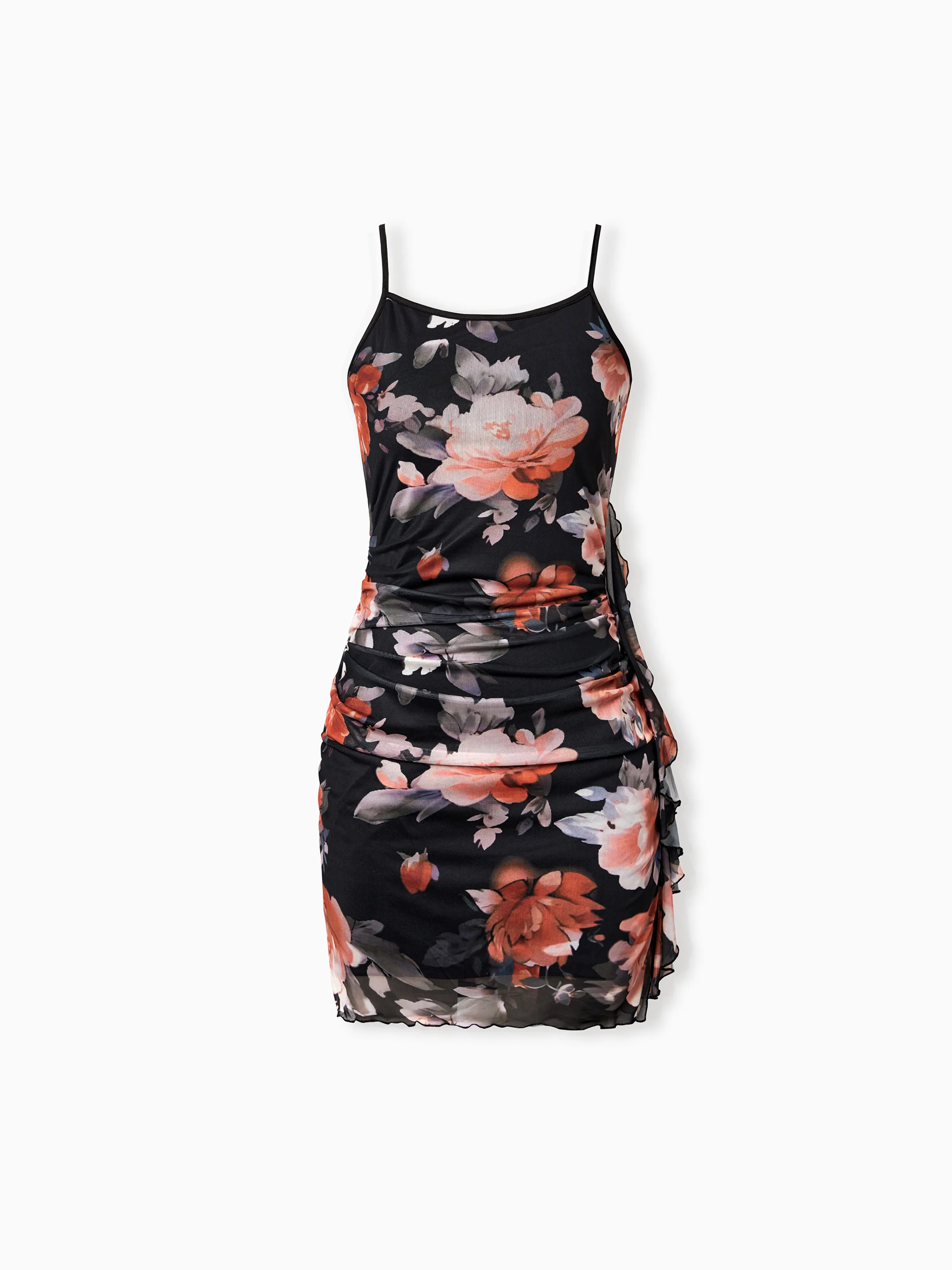 

Mommy and Me Vintage Floral Mesh Bodycon Strap Dress with Ruffle Accents Side