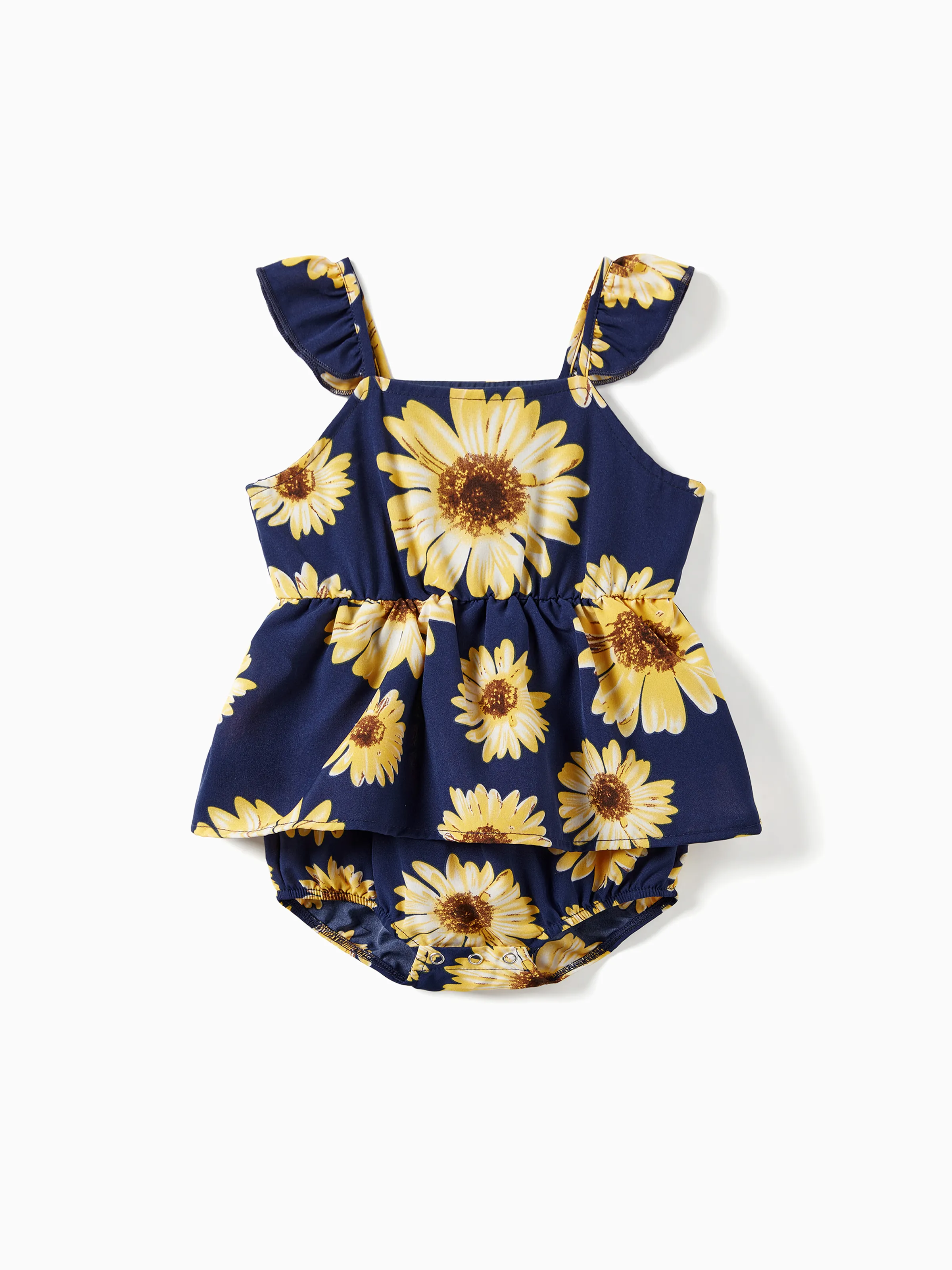 

Family Matching Solid Color Tee and Sunflower Pattern Button Belted Flowy Strap Dress Sets