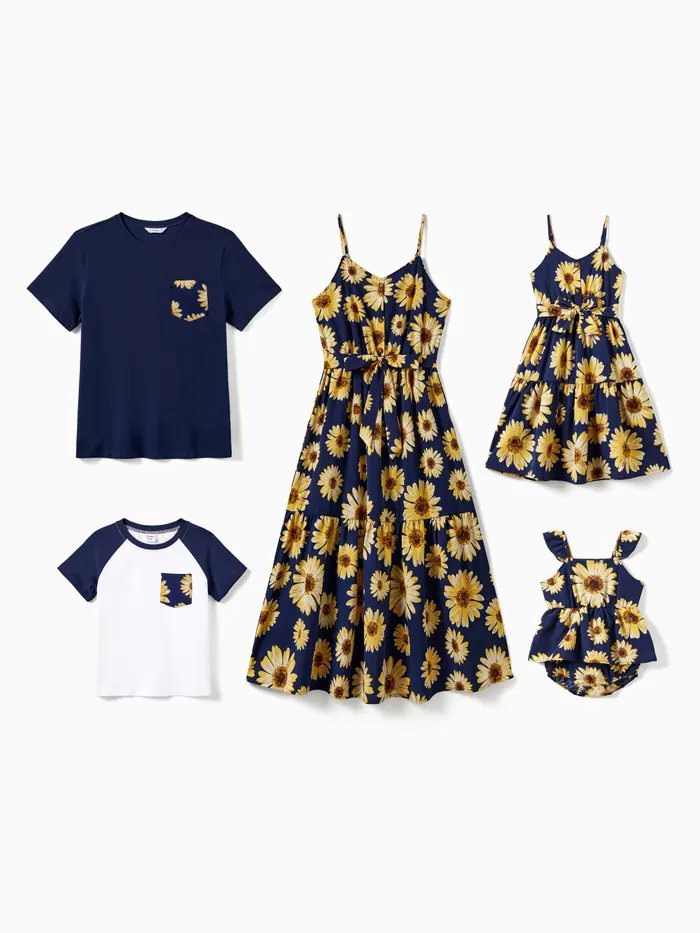 Family Matching Solid Color Tee and Sunflower Pattern Button Belted Flowy Strap Dress Sets