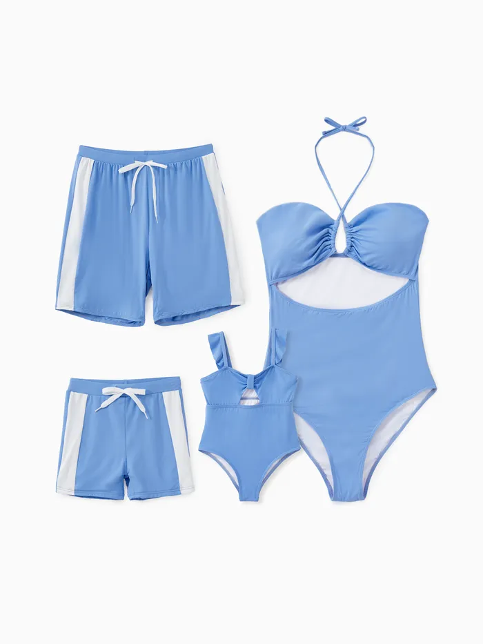 UPF50+ Family Matching Swimsuits Blue Drawstring Swim Trunks or Cross Front Cut Out Halter One-Piece Swimsuit (Sun Protective)