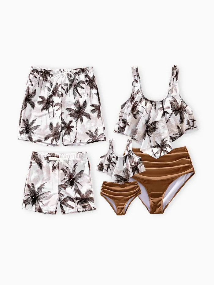 Family Matching Allover Coconut Tree Print Spliced Ruched Two-Piece Swimsuit or Swim Trunks