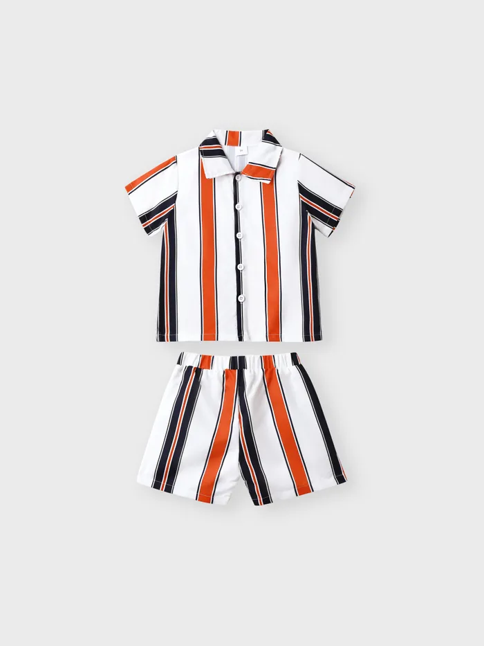 2pcs Toddler Boy Boho Stripe Lapel Collar Shirt and Shorts Set