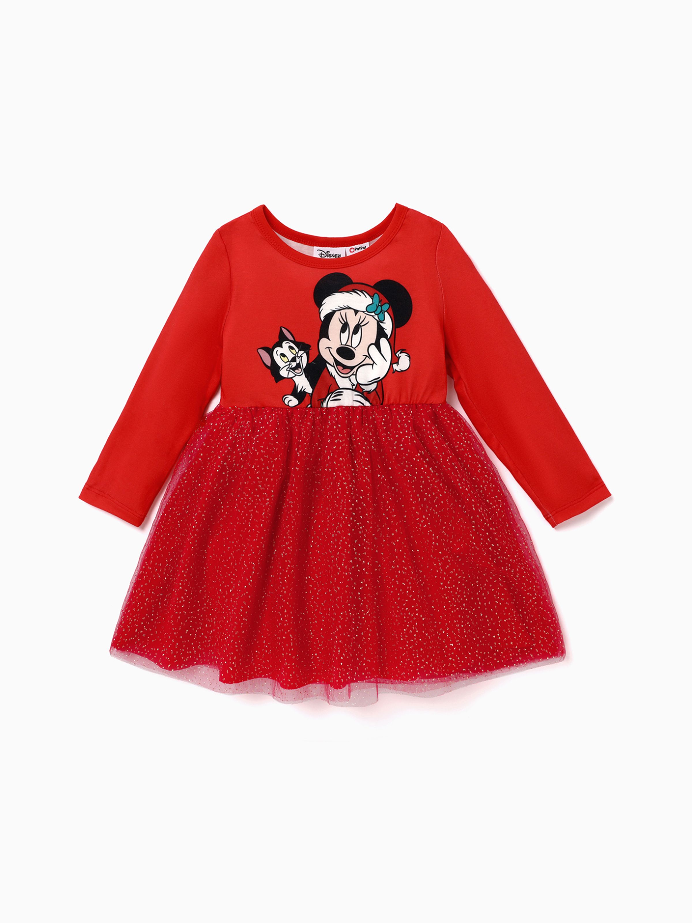 

Disney Mickey and Friends Christmas Toddler Girl Naia™ Character Print Long-sleeve Mesh Overlay Dress