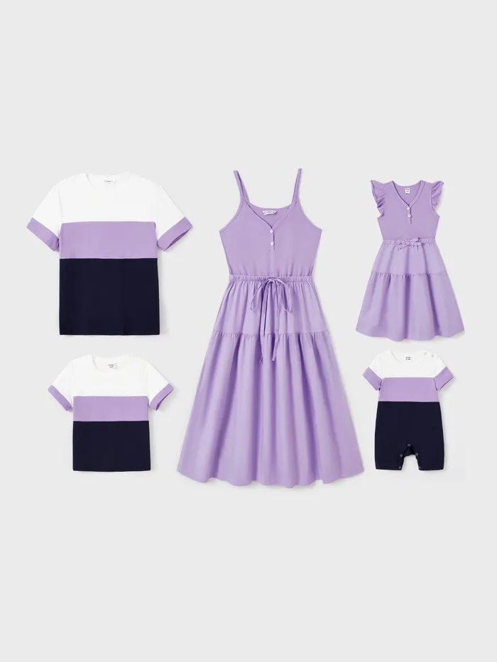 Family Matching Sets Color Block Tee or Lavender Purple Button Elastic Waist Ruffle Hem Strap Dress (Quick-Dry)