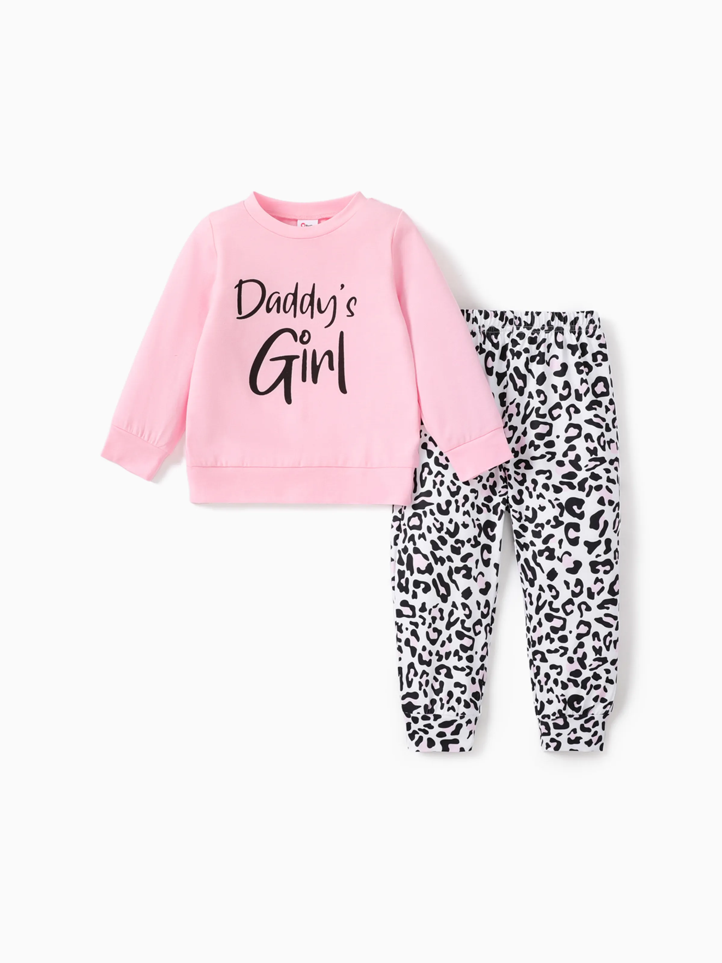 2-piece Baby / Toddler Girl Letter Solid Long-sleeve Top and Leopard Print Pants Set Pink