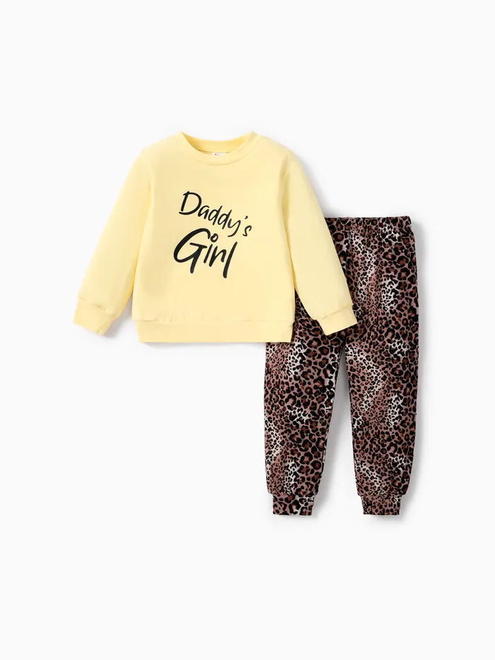 2-piece Baby / Toddler Girl Letter Solid Long-sleeve Top and Leopard Print Pants Set