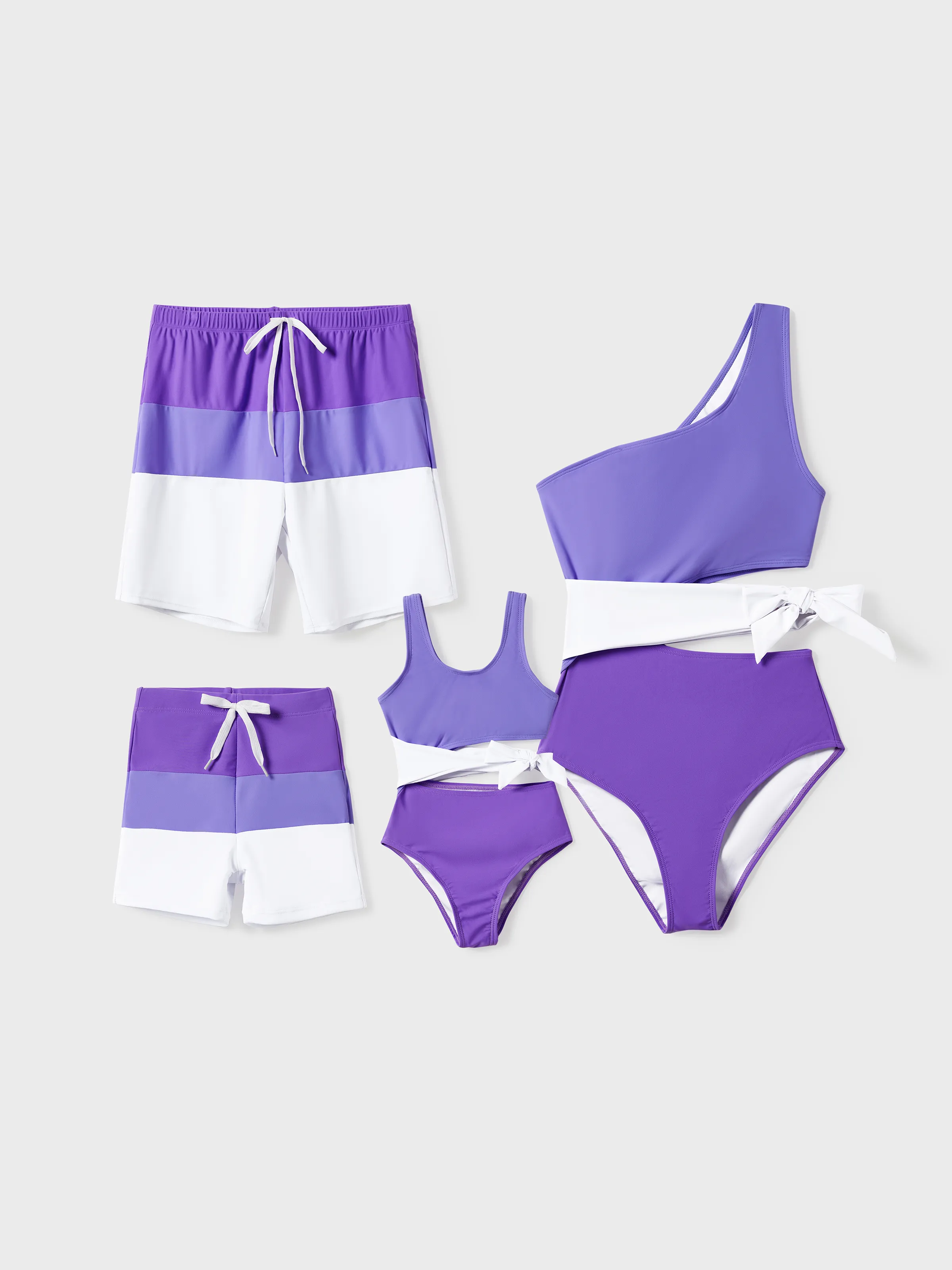 Family Matching Color-block Swim Trunks or One-shoulder Side Knot One-Piece Swimsuit (Quick-Dry)