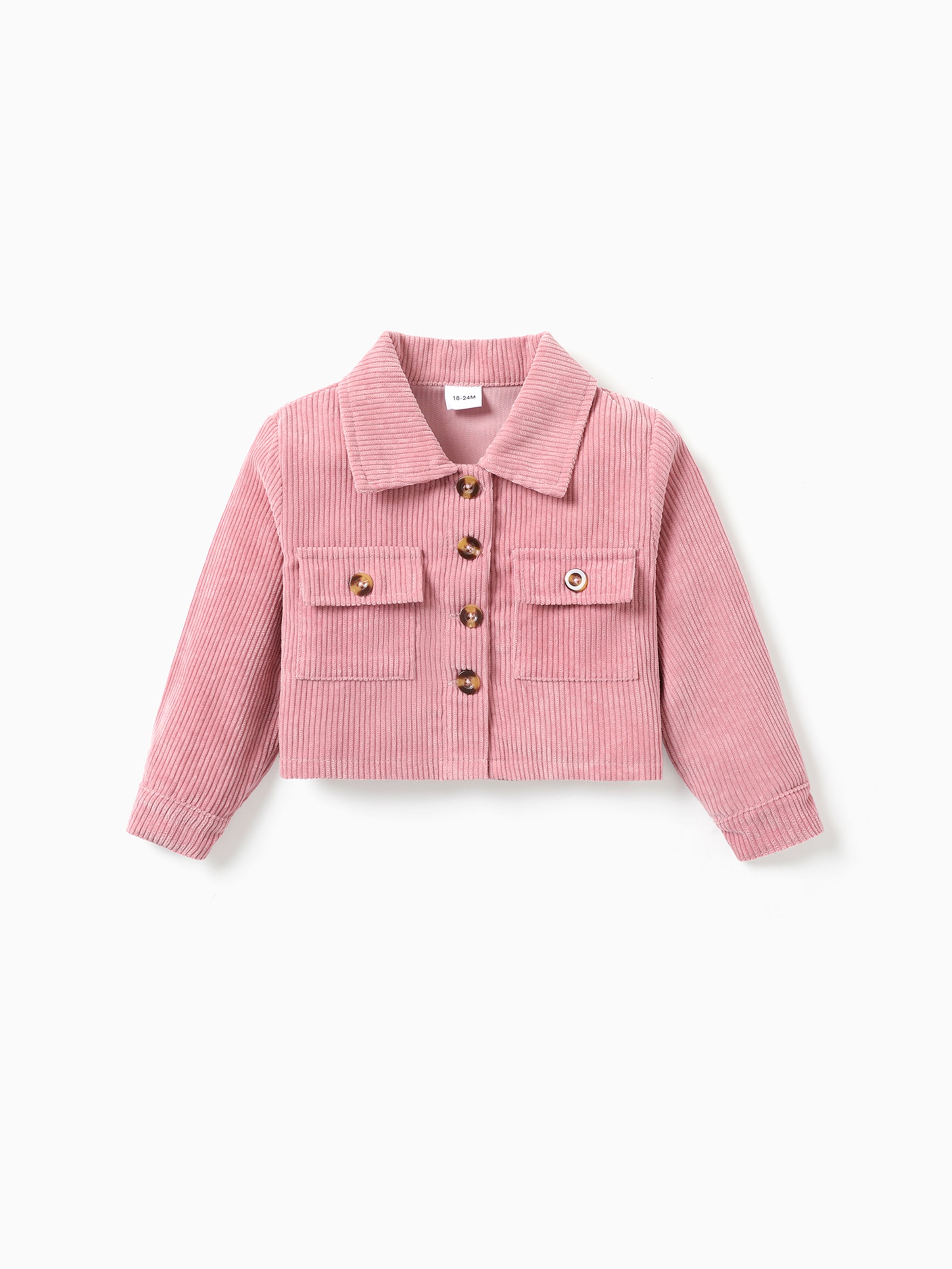 

Toddler Girl Lapel Collar Button Design Pocket Pink Ribbed Jacket Coat
