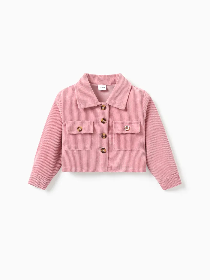 Toddler Girl Lapel Collar Button Design Pocket Pink Ribbed Jacket Coat