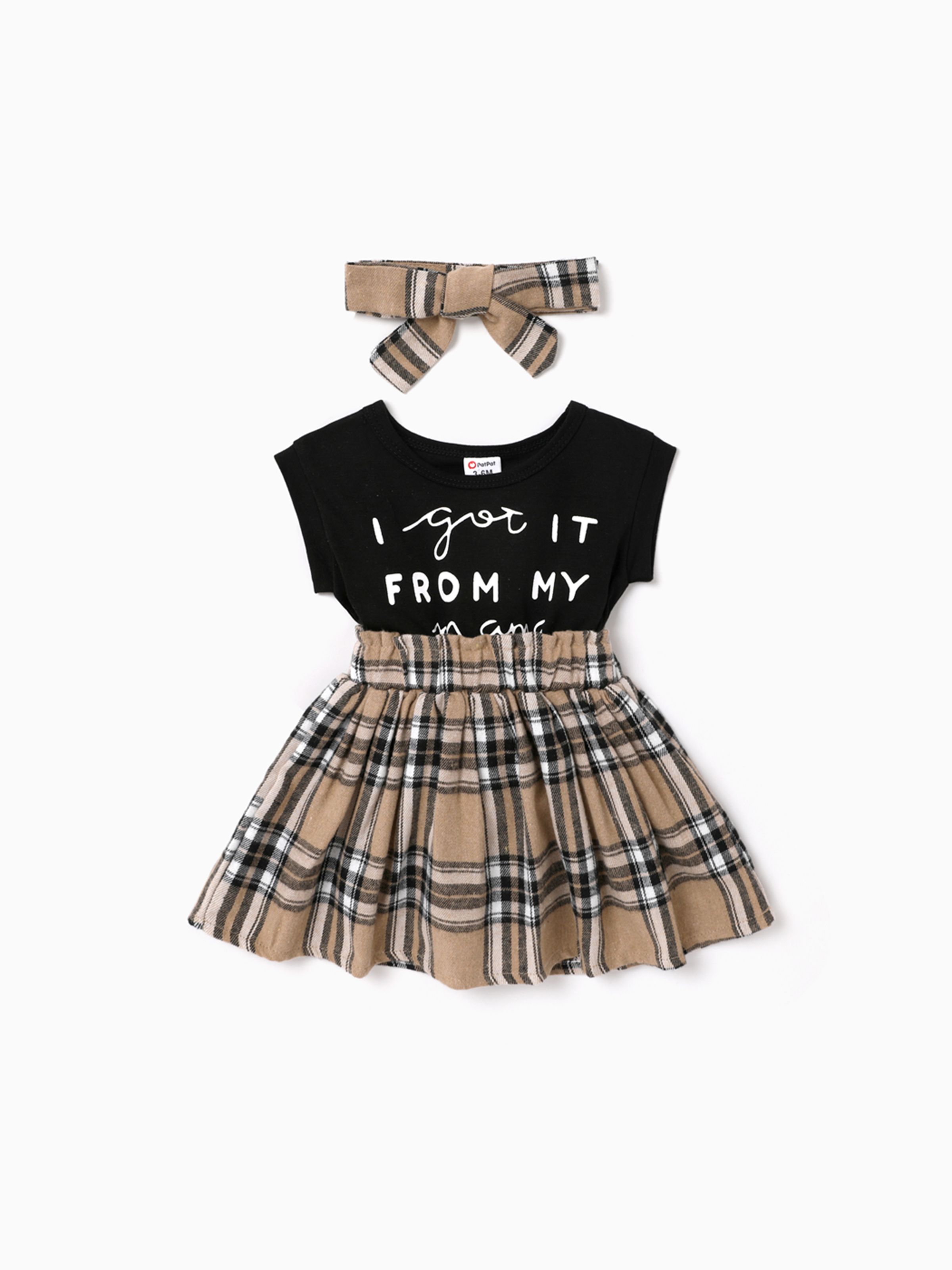 

2pcs Baby Girl Short-sleeve Letter Print Spliced Plaid Dress & Headband Set
