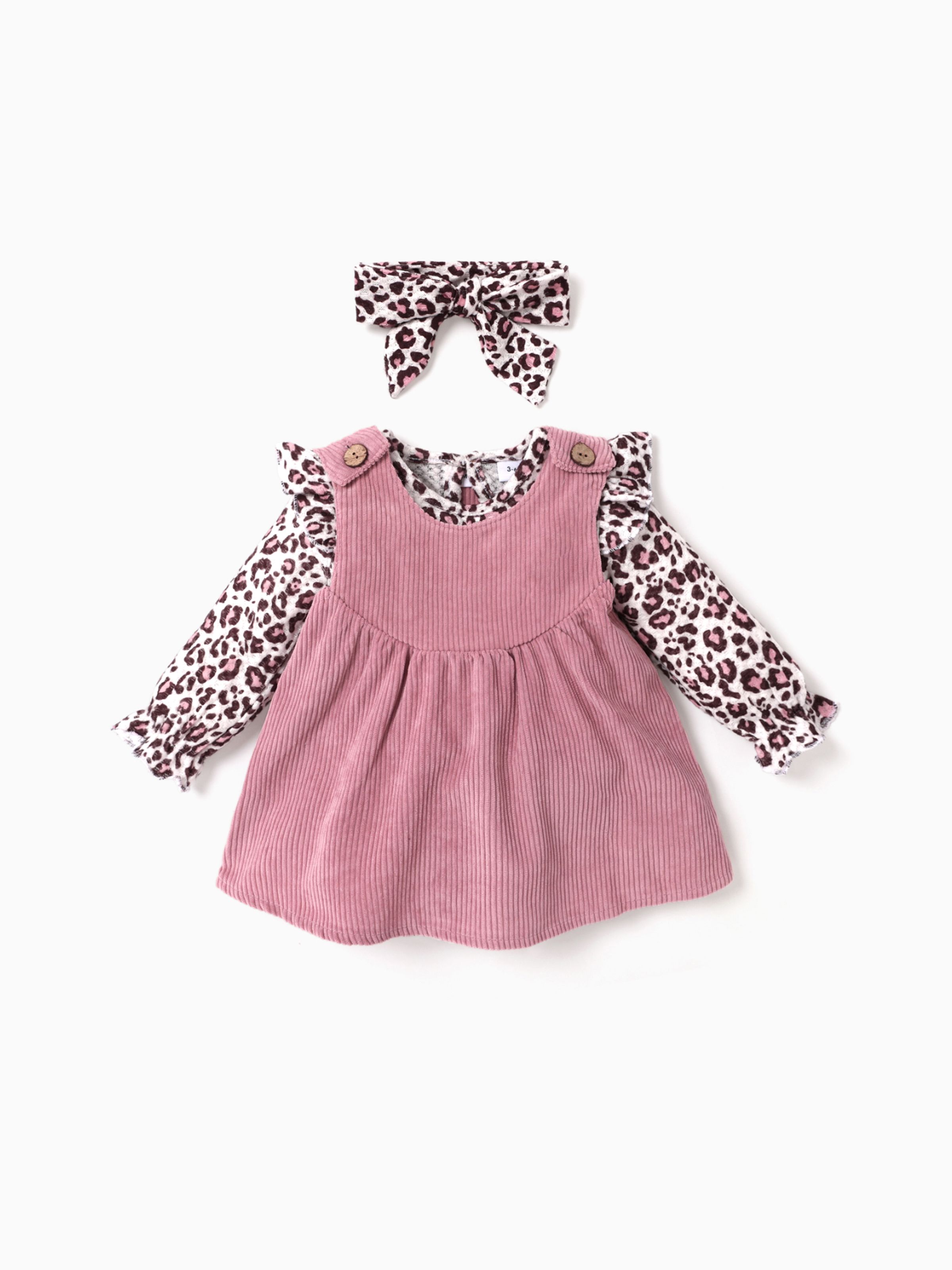 

2pcs Solid Corduroy and Leopard Print Long-sleeve Romper Baby Set