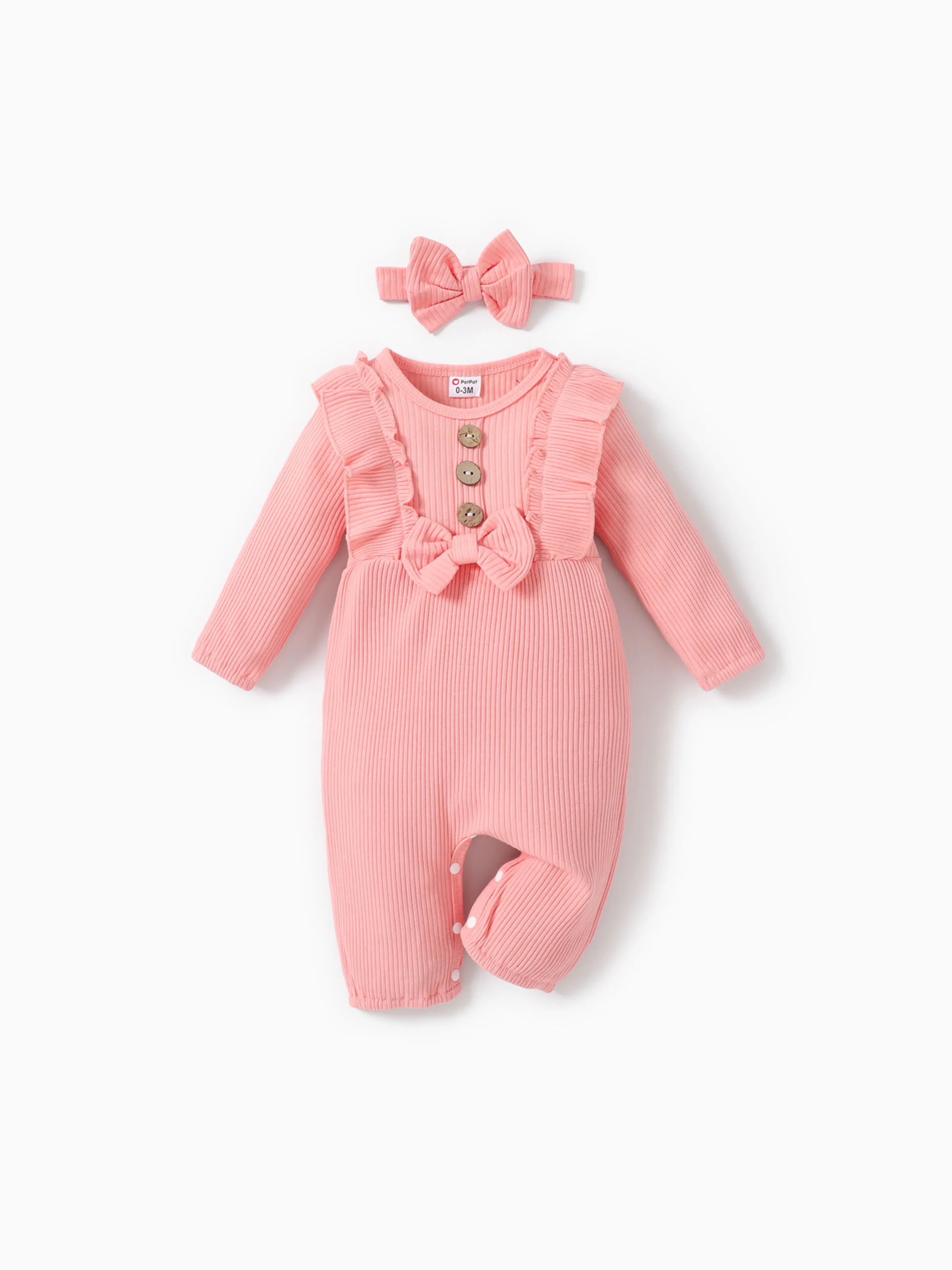 

2pcs Baby Girl 95% Cotton Ribbed Long-sleeve Ruffle Bowknot Button Jumpsuit with Headband Set