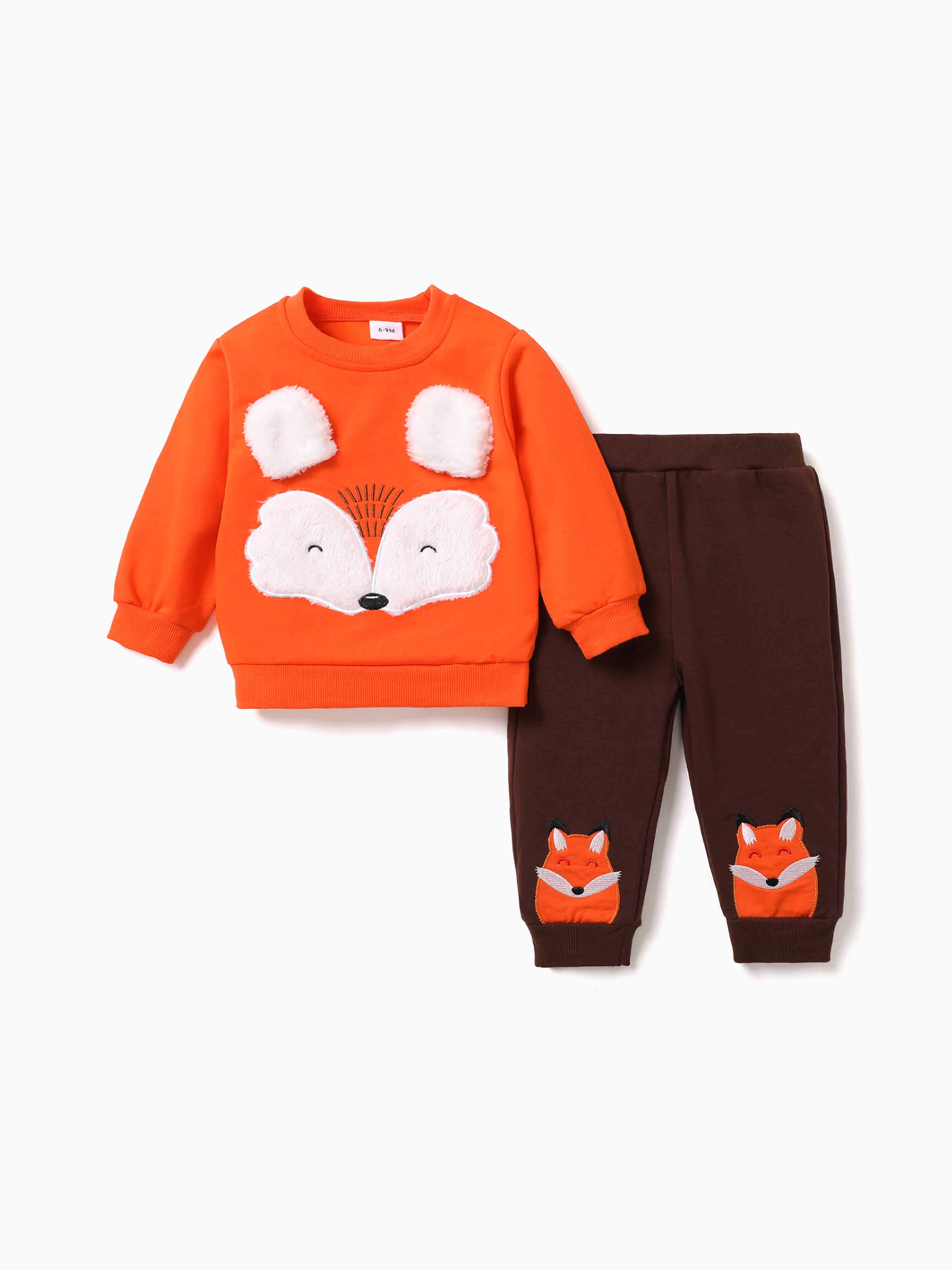 

2pcs Baby Boy Cartoon Fox Pattern Orange Long-sleeve Sweatshirt and Trousers Set
