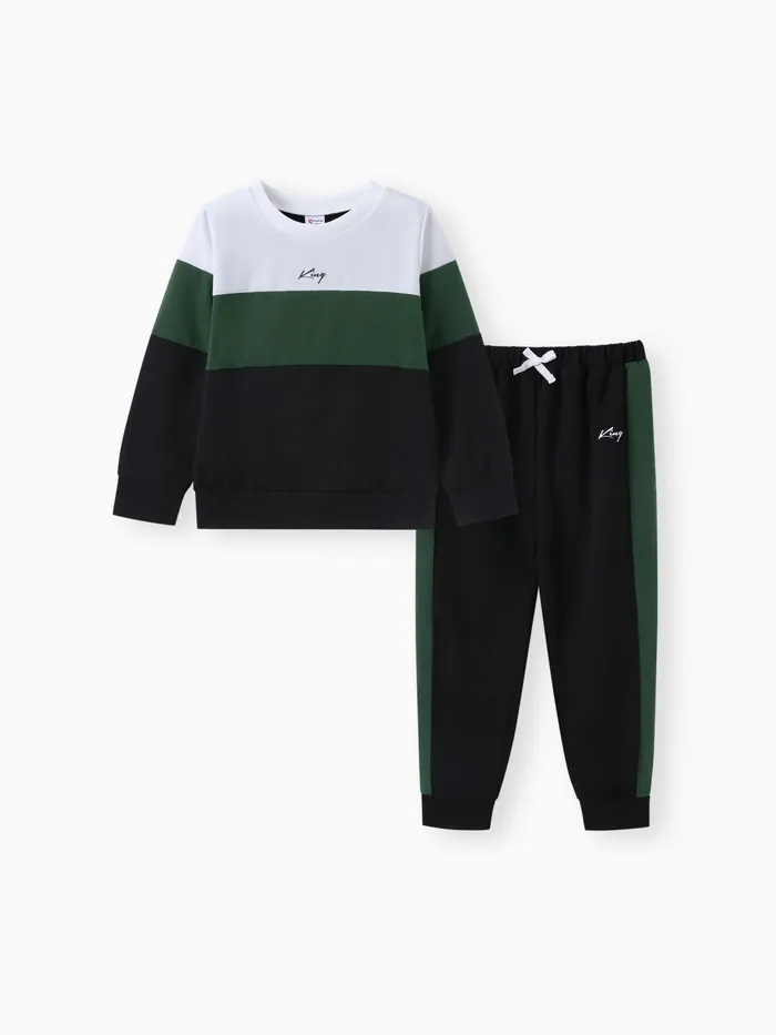 2pcs Kid Boy Colorblock Letters Graphic Long-sleeve Sweatshirt and Drawstring Pants Set