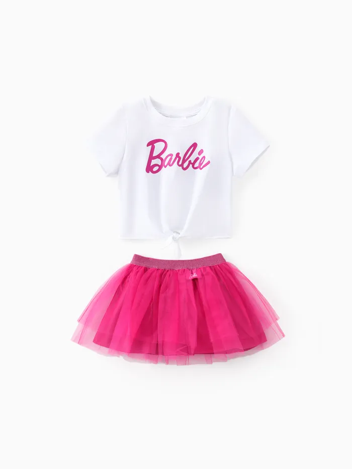Barbie 2pcs Toddler Girl Tie Knot Cotton Tee and Mesh Skirt Set