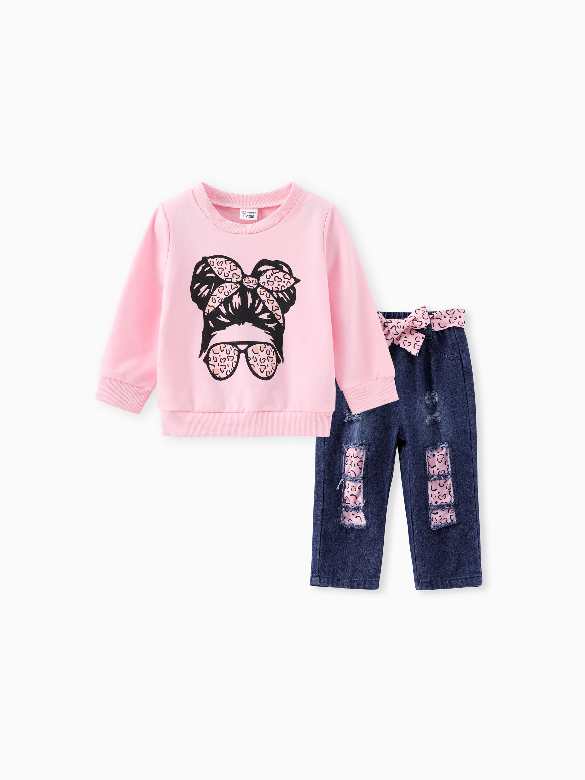 

2pcs Baby Girl Figure Print Long-sleeve Sweatshirt and 100% Cotton Belted Ripped Jeans Set