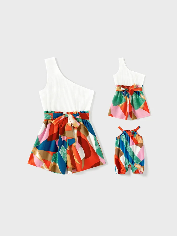 Mommy and Me Cotton Solid & Print Spliced One Shoulder Sleeveless Belted Romper Shorts