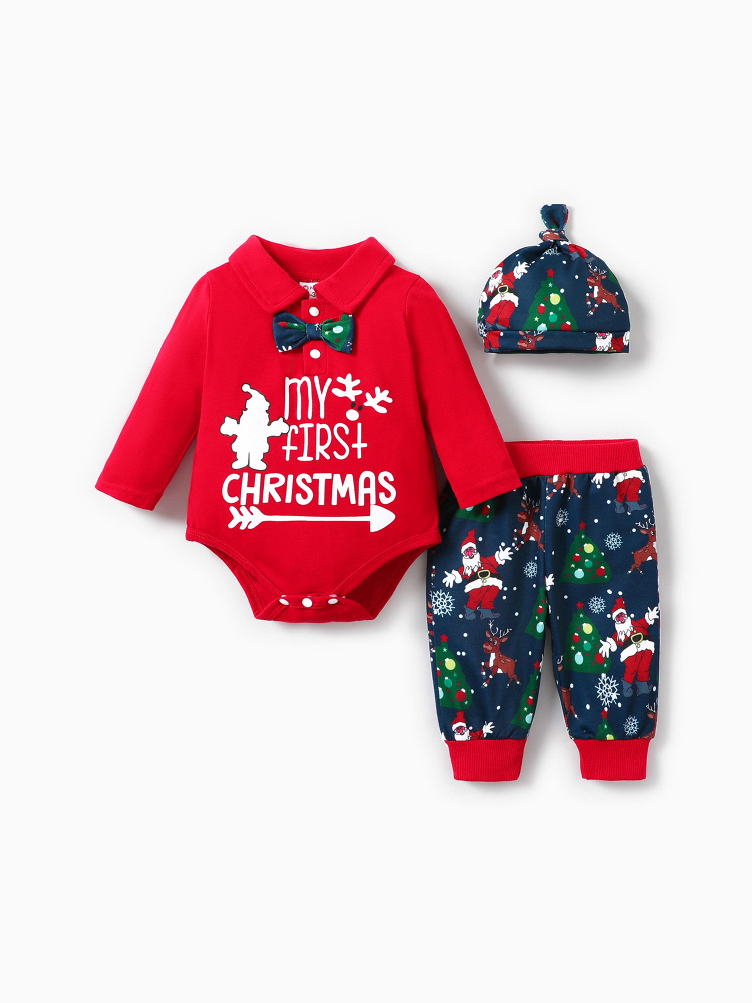 

3pcs Baby Boy Christmas Childlike Design Set with Hat