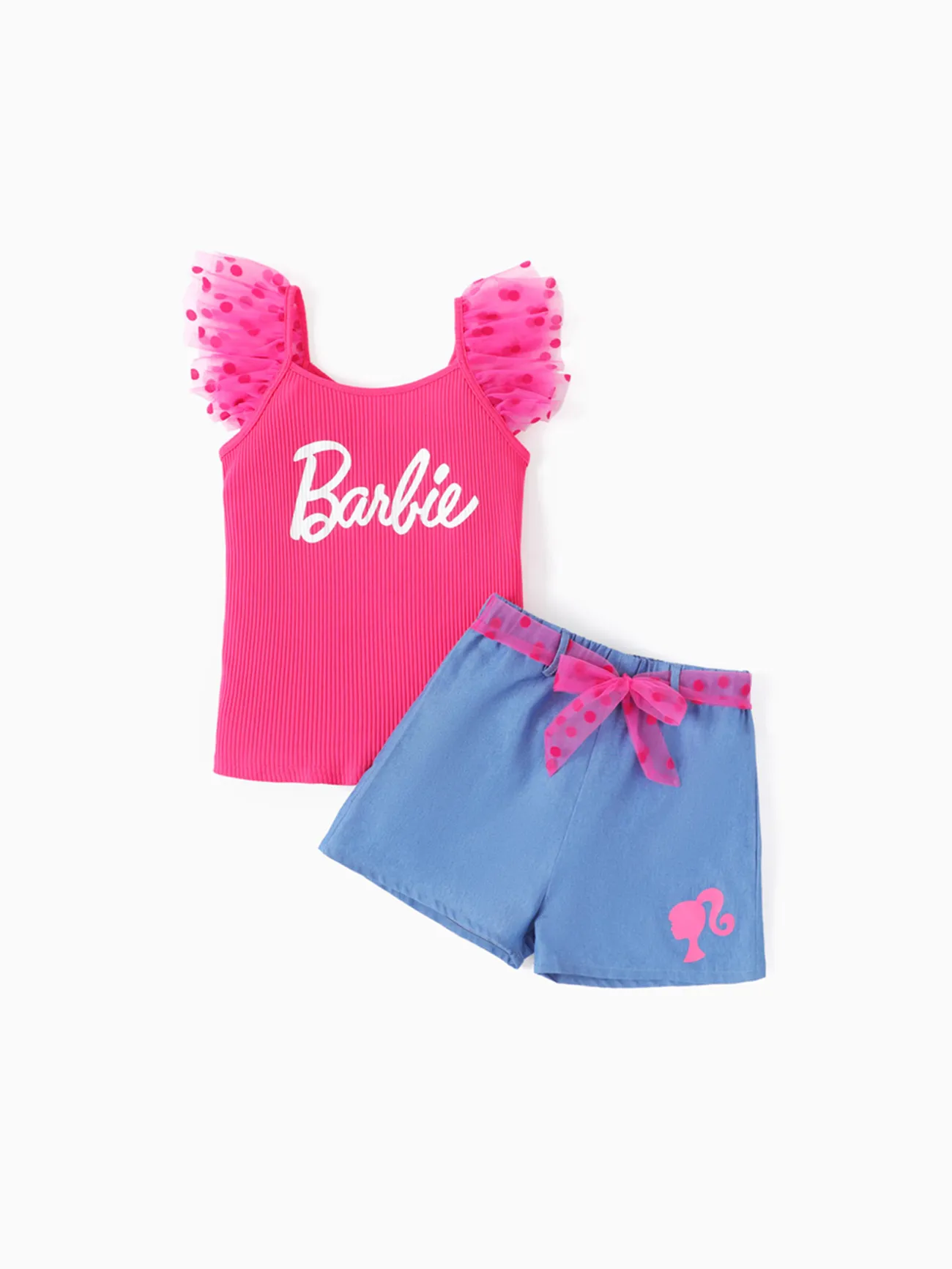 Barbie Toddler/Kid Girl 2pcs Letter Print Polka Dots Mesh Sleeve Ribbed Top and Belted Shorts Set