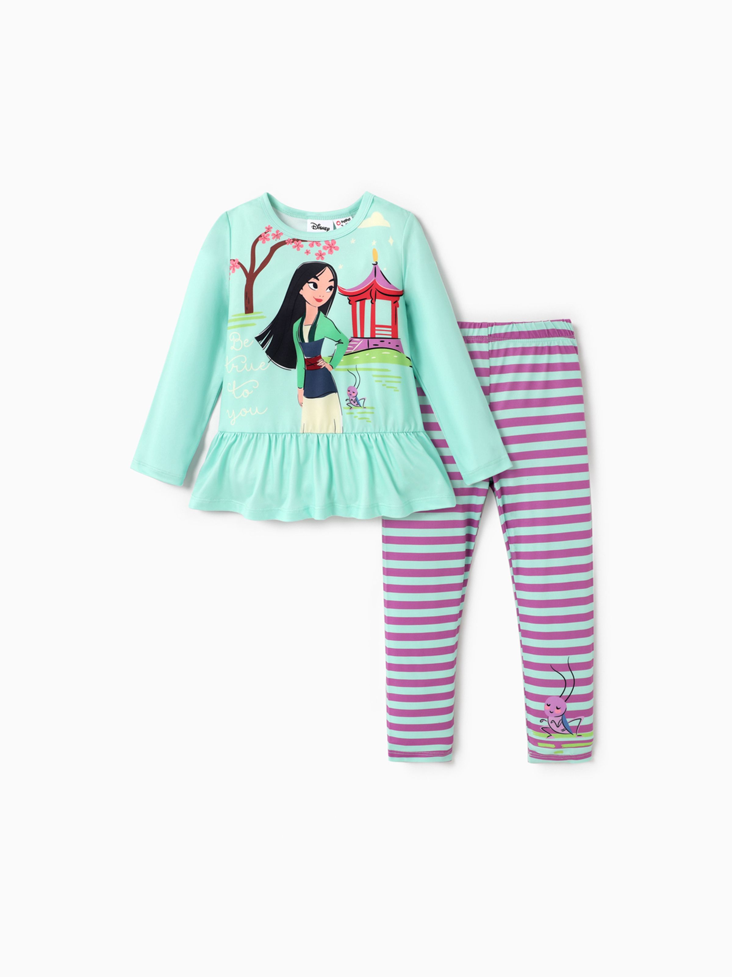 

Disney Princess Toddler Girl 2pcs Character Print Peplum Long-sleeve Tee and Stripe Pants Set