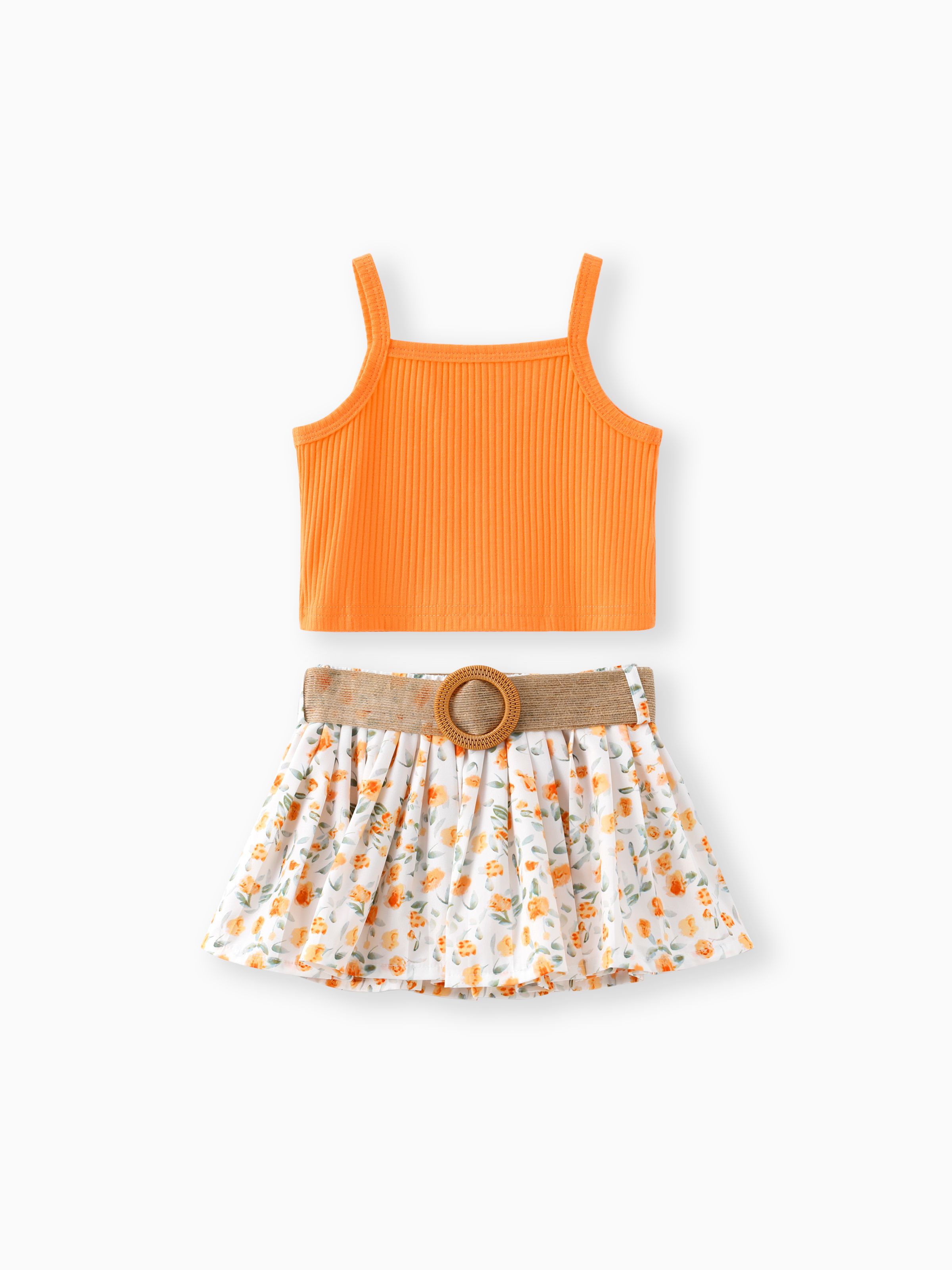 

3pcs Toddler Girl Sweet Ribbed Crop Camisole and Floral Print Pleated Skirt & Belt Set