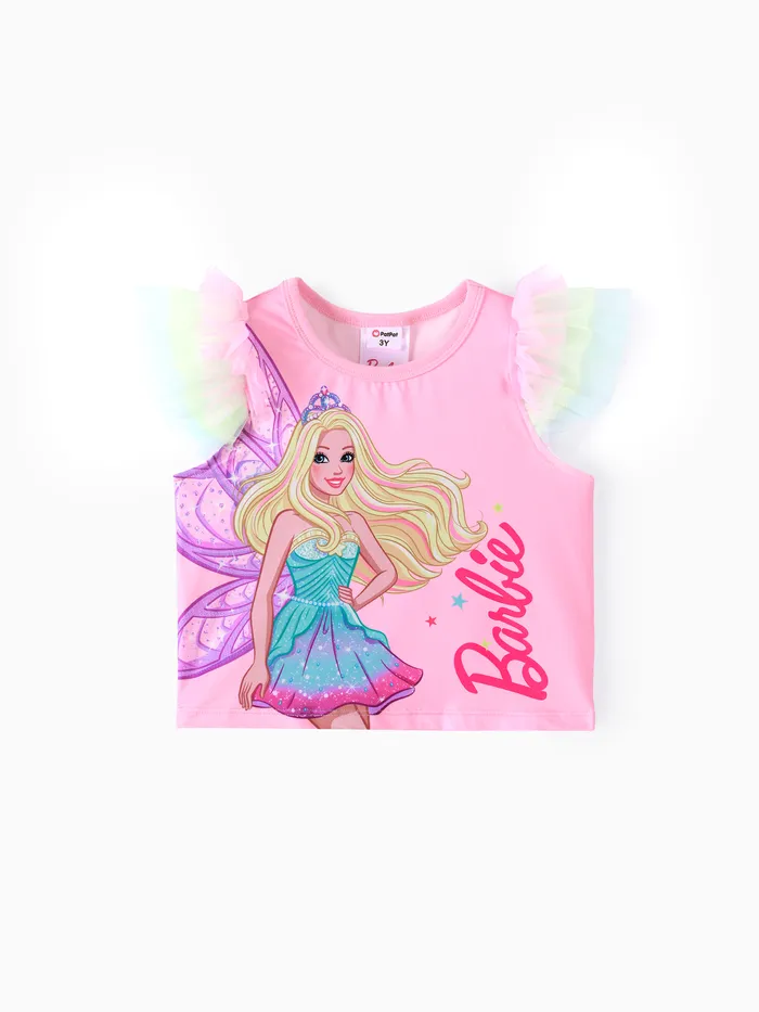 Barbie Kleinkind Mädchen Schmetterlingsprint Genähtes Mesh Fly Sleeve T-Shirt
