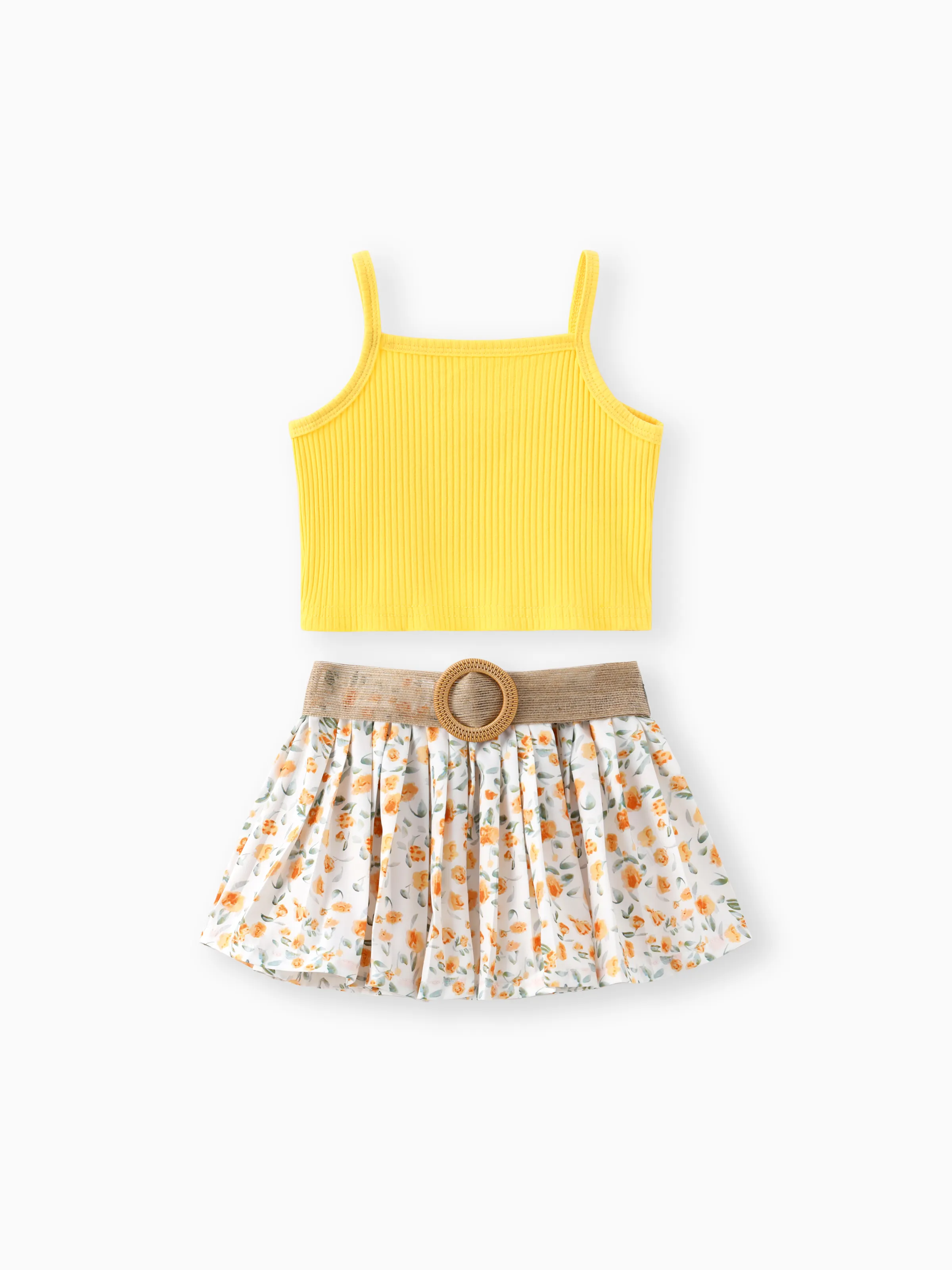 

3pcs Toddler Girl Sweet Ribbed Crop Camisole and Floral Print Pleated Skirt & Belt Set