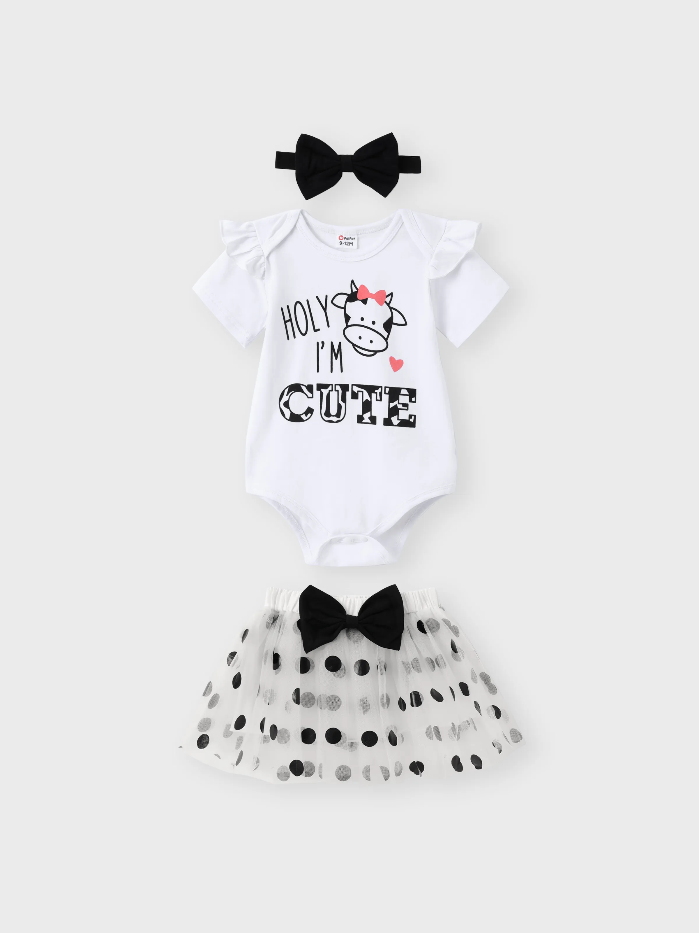 

3pcs Baby Girl 95% Cotton Ruffle Short-sleeve Letter & Cow Print Romper and Polka Dots Mesh Skirt & Headband Set