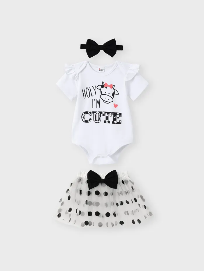 3pcs Baby Girl 95% Cotton Ruffle Short-sleeve Letter & Cow Print Romper and Polka Dots Mesh Skirt & Headband Set