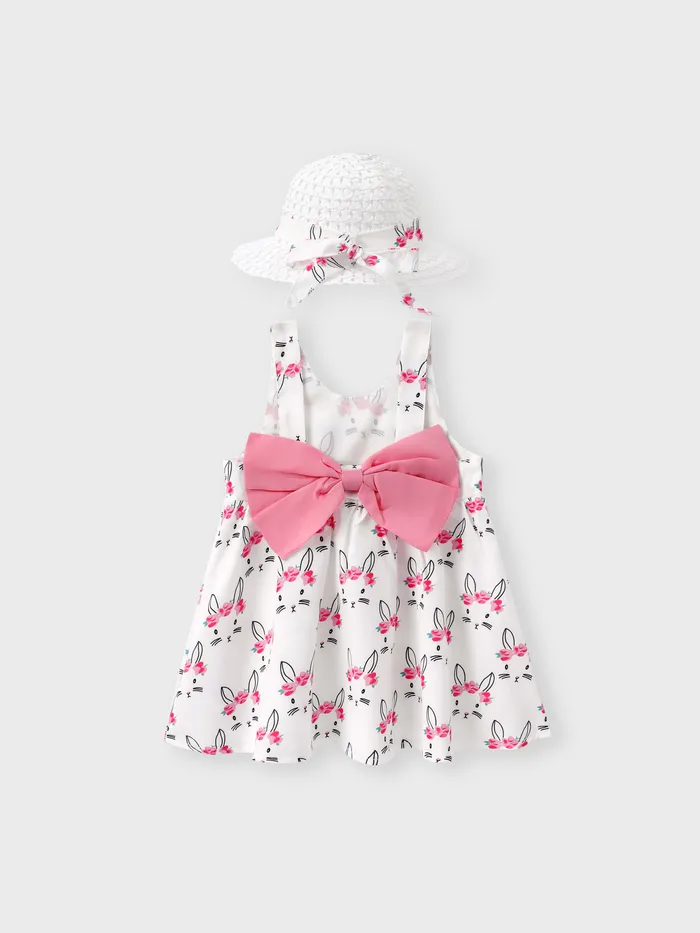 2pcs Baby Girl Bow Front Pretty Rabbit Print Tank Dress & Hat Set