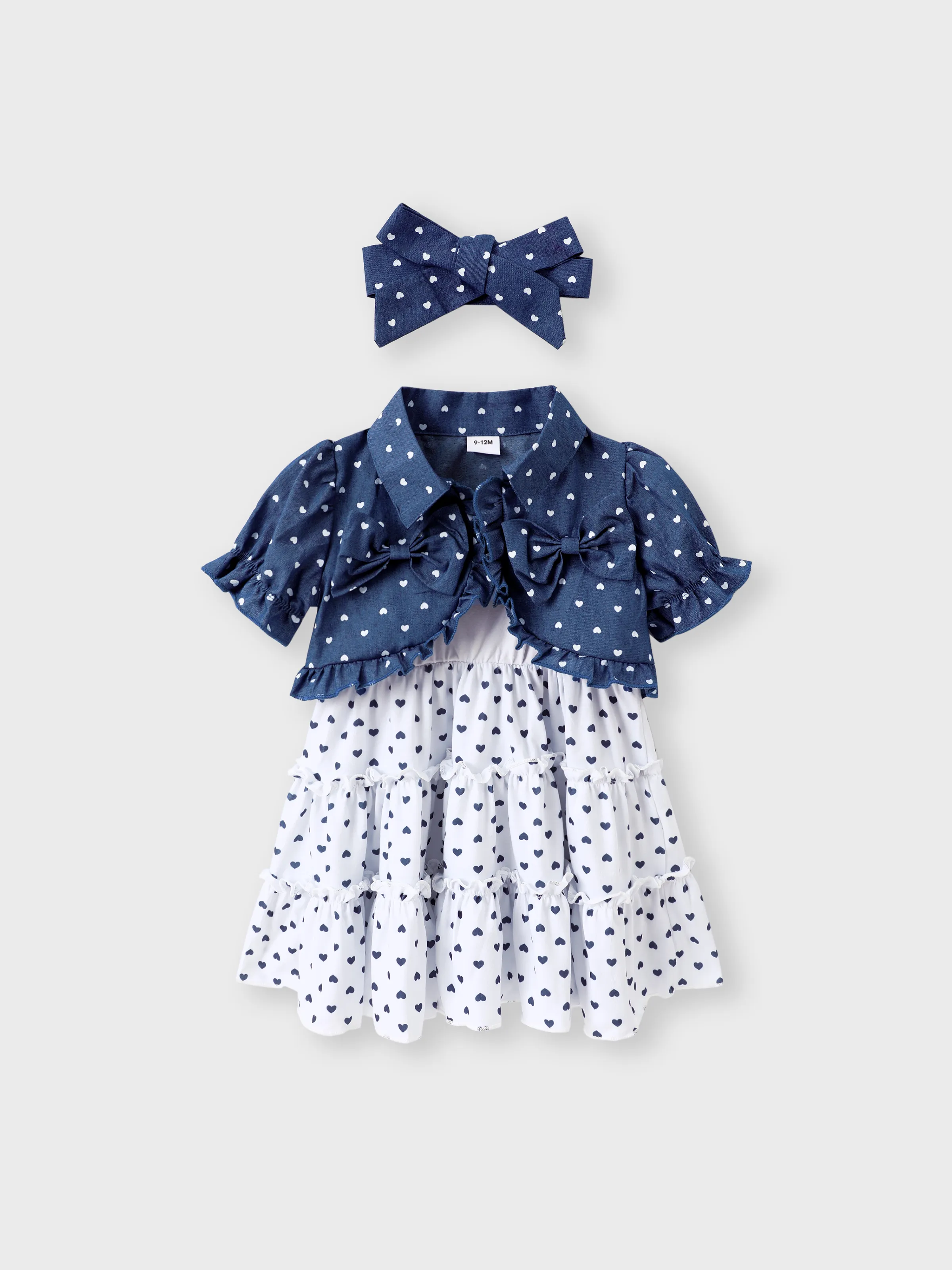 

3pcs Baby Girl 100% Cotton Allover Heart Print Puff-sleeve Denim Crop Top and Cami Dress & Headband Set