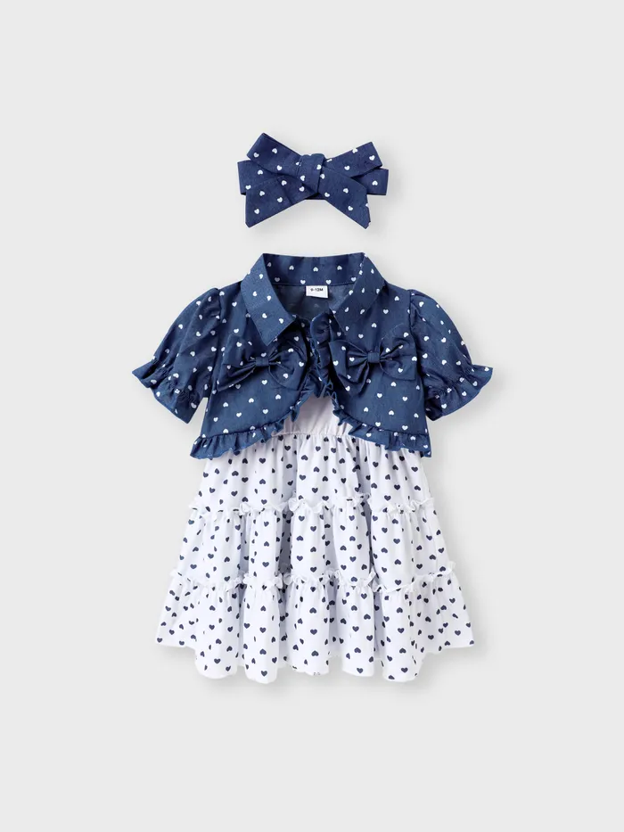 3pcs Baby Girl 100% Cotton Allover Heart Print Puff-sleeve Denim Crop Top and Cami Dress & Headband Set