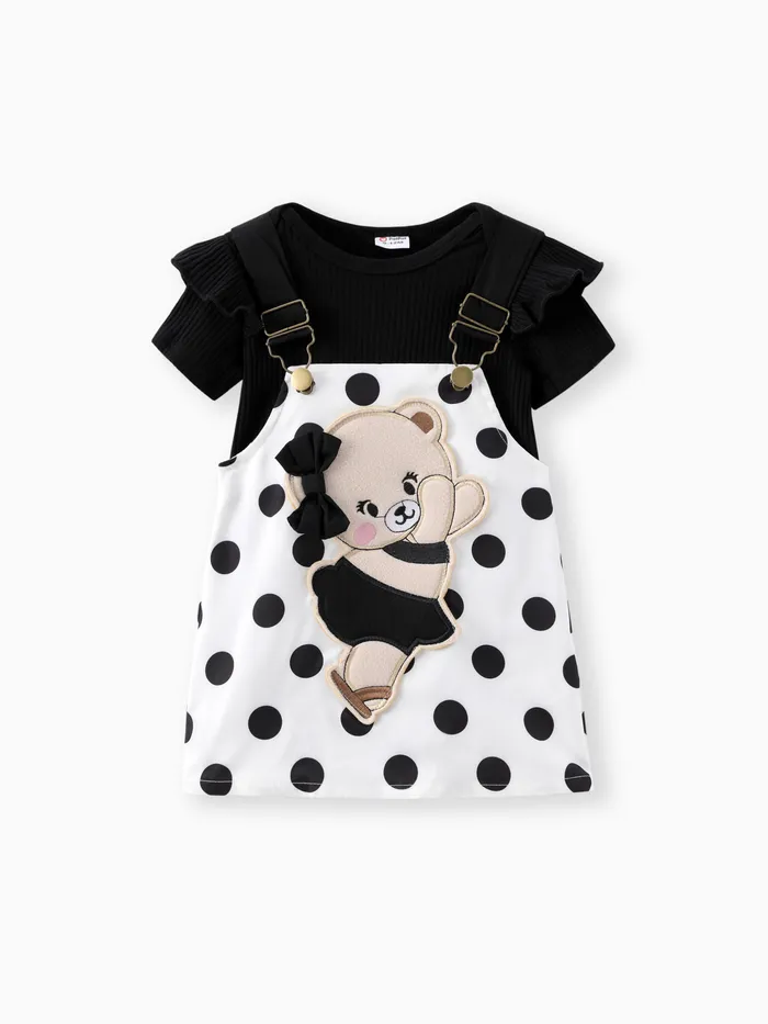 2pcs Baby Girl 95% Cotton Ruffle Trim Short-sleeve Romper and Bear Graphic Polka Dots Overall Dress Set