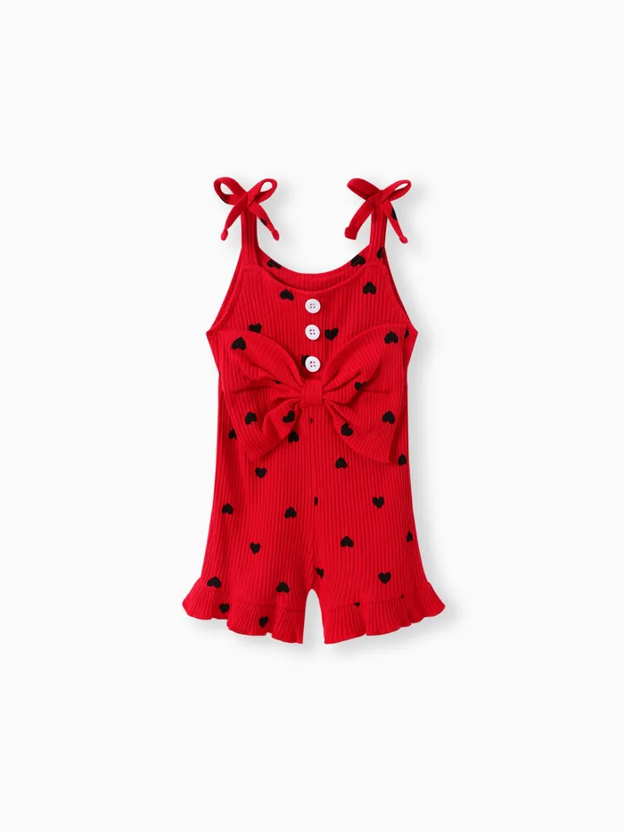Baby Girl Cotton Ribbed Allover Heart Print Bow Front Ruffle Trim Cami Romper