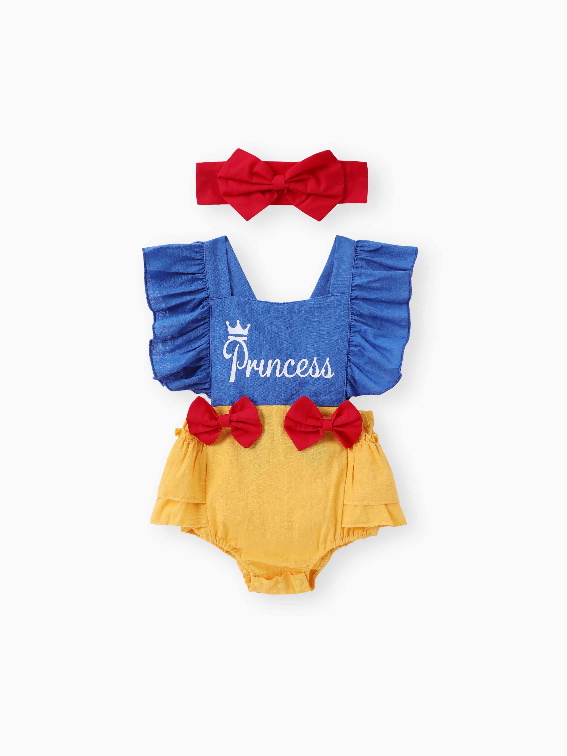 

100% Cotton 2pcs Letter Print Color Block Sleeveless Layered Ruffle Baby Princess Romper Set