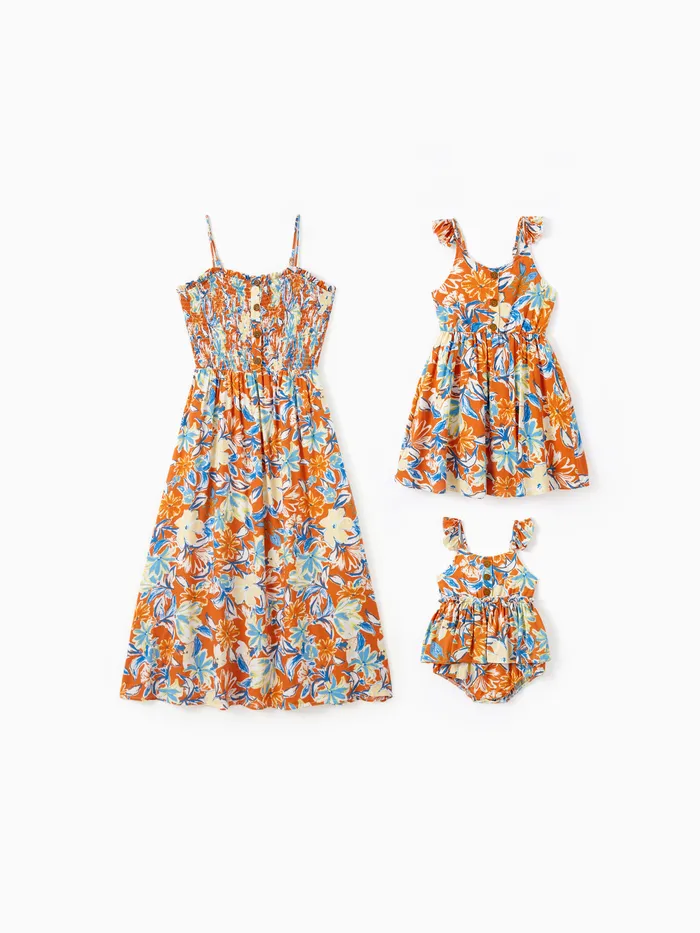 Mommy and Me Floral Smocked Top Button Up A-Line Strap Midi Dresses